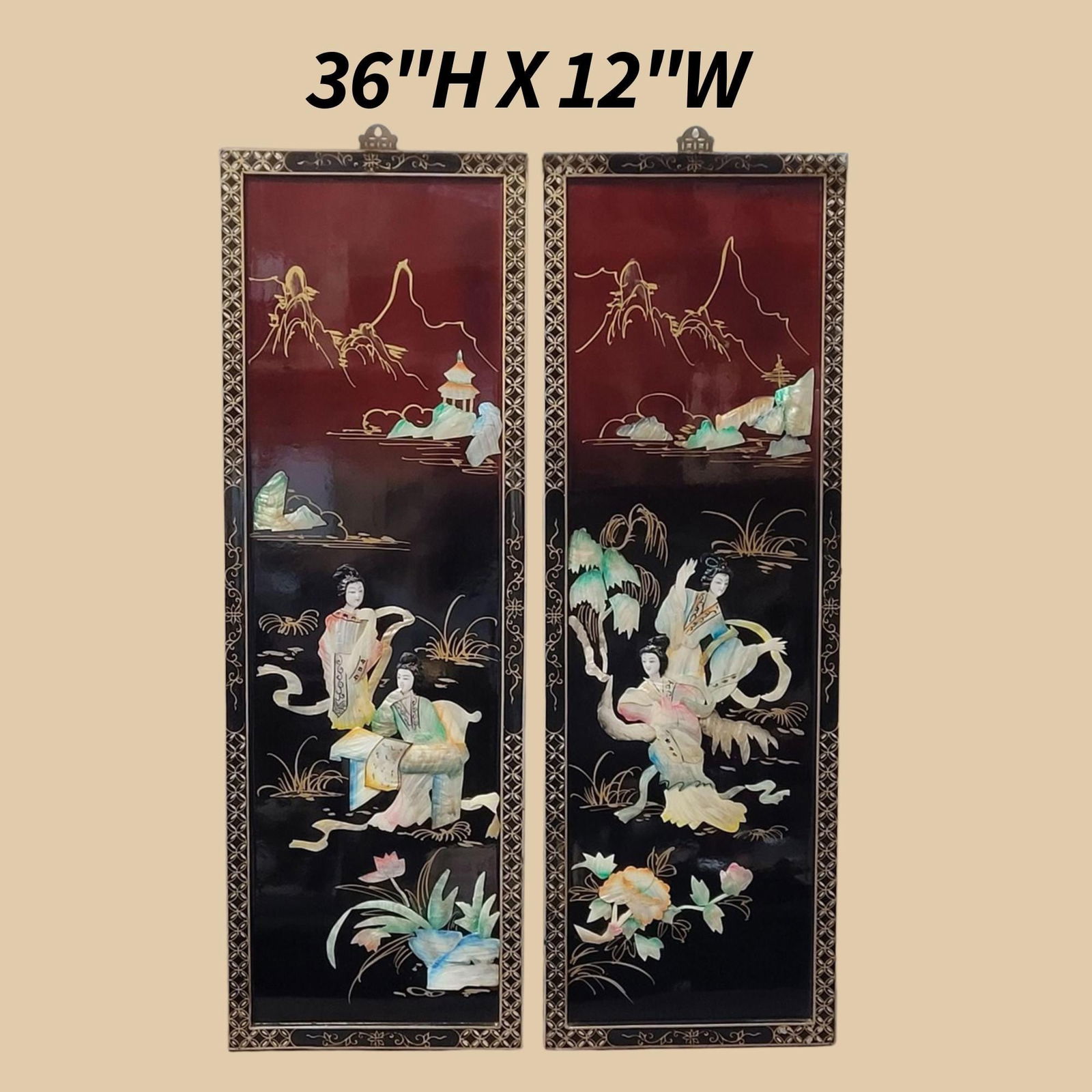 Vintage Asian Wall Hanging Panels Pair Black Lacquer 36" Art Court Ladies Oriental Decor - 3