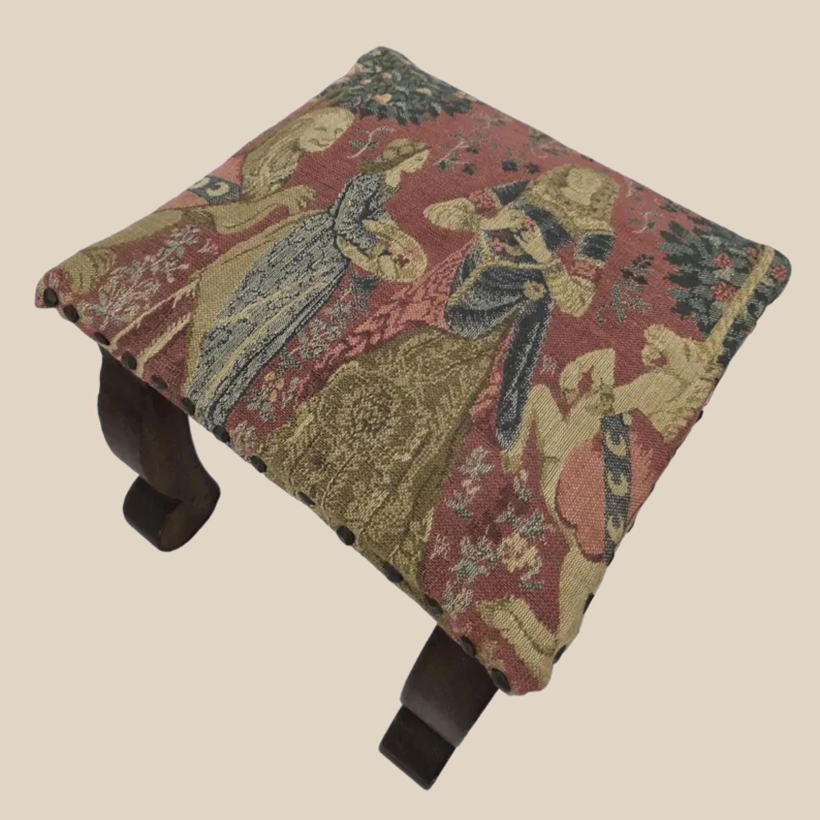 Vintage Tapestry Footstool: Jacobean Revival, Brass Tack Upholstery: Title: Vintage Tapestry Footstool: Jacobean Revival, Brass Tack Upholstery Description: Vintage Medieval Tapestry Footstool 1940s Jacobean Revival Wooden Foot Rest with Brass Tack Upholstery, Rustic F