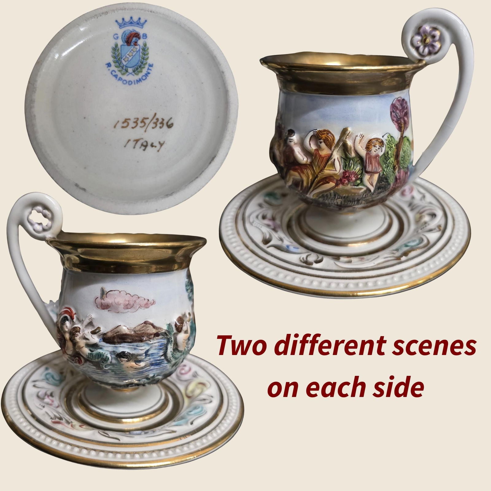 Vintage Capodimonte Tea Set Italian Porcelain Rococo Gilded Cups Saucers Gold Rim Mid-20th Century - 4