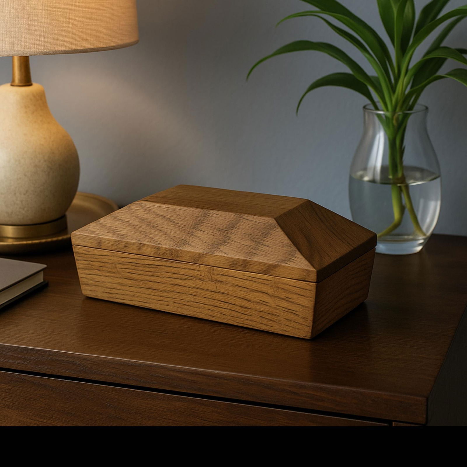 Vintage Trinket Box Oak Wooden Handmade Jewelry Keepsake Holder Beveled Pyramid Lid - 6