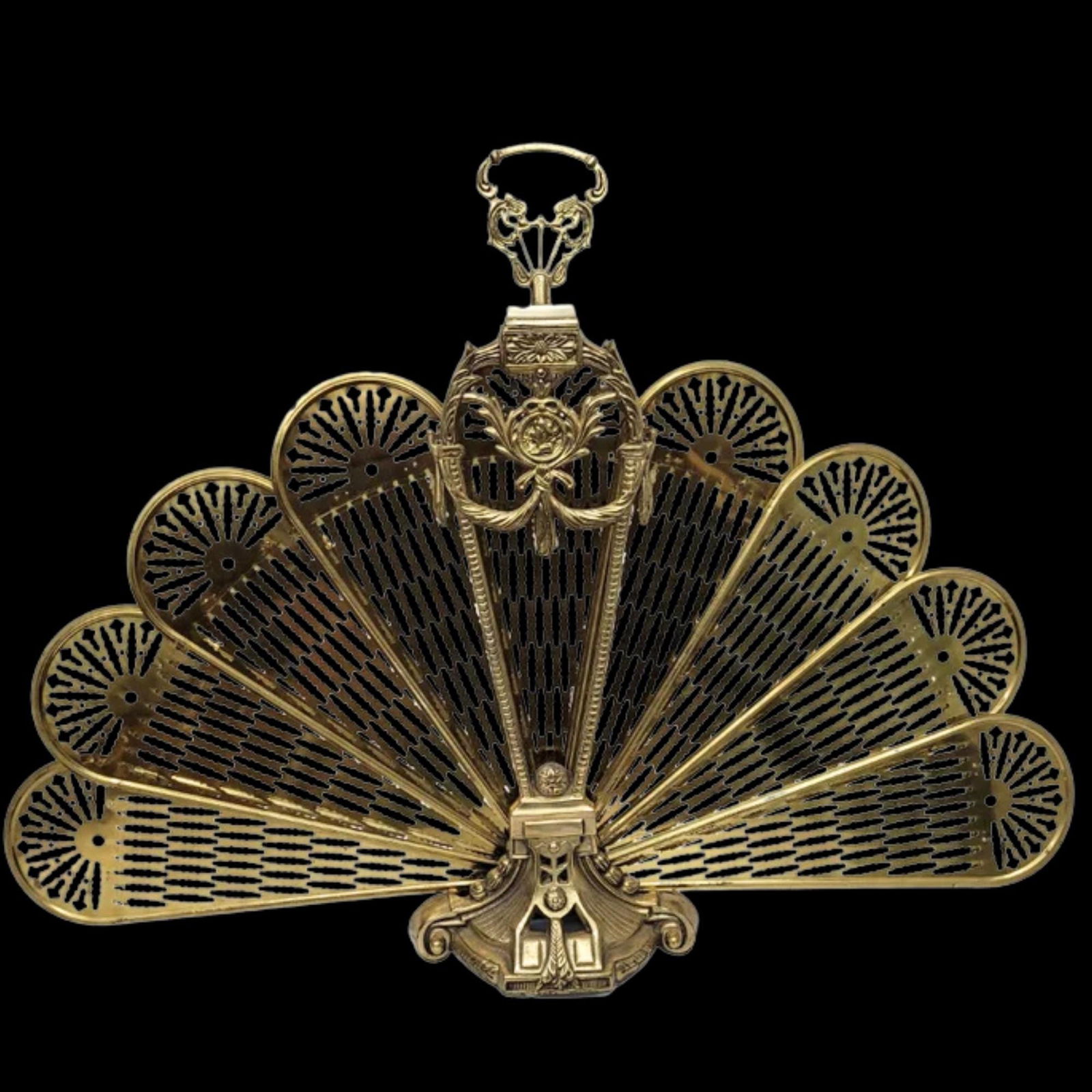 Vintage Brass Fireplace Screen French Neoclassical Folding Peacock Fan Antique decor tools: Title: Vintage Brass Fireplace Screen French Neoclassical Folding Peacock Fan Antique decor tools Description: Vintage Brass Gold Fan Fireplace Screen Peacock Feather Tail Fire Protector Tools. A