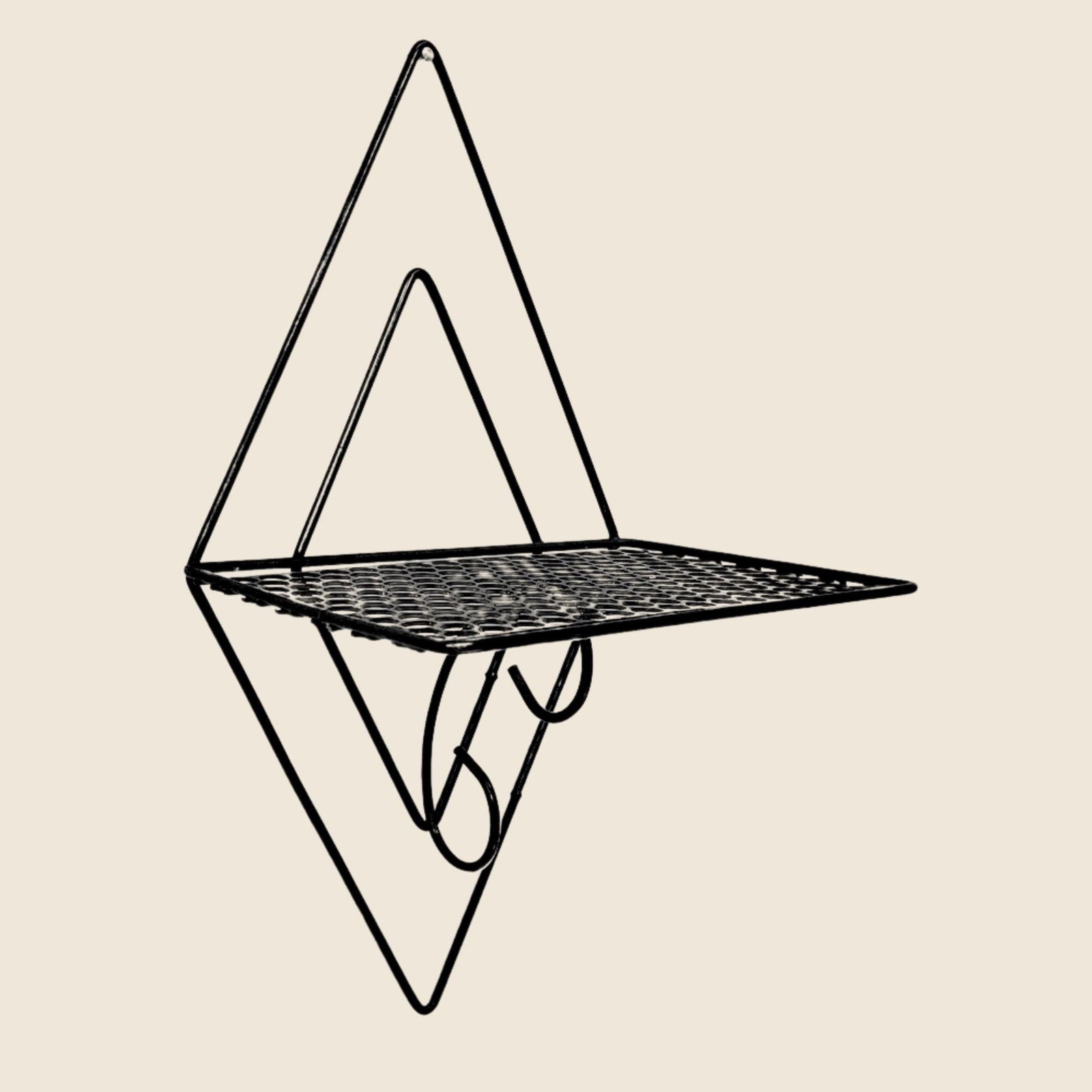 Vintage Atomic Metal Shelf Wall Hanging Black Mesh Diamond Triangle Display: Title: Vintage Atomic Metal Shelf Wall Hanging Black Mesh Diamond Triangle Display Description: Vintage Atomic Metal Shelf Wall Hanging Art Mesh Shelf Black Vintage Display Diamond Shape Style &