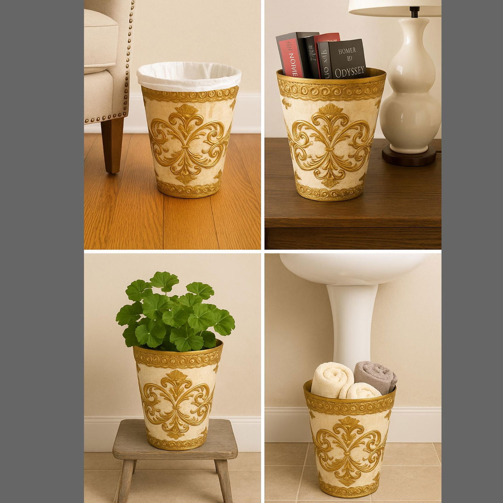 Vintage Italian Gilt Waste Basket Rococo Baroque Gold & White Decor Embossed Scrollwork Fleur-de-Lis - 2