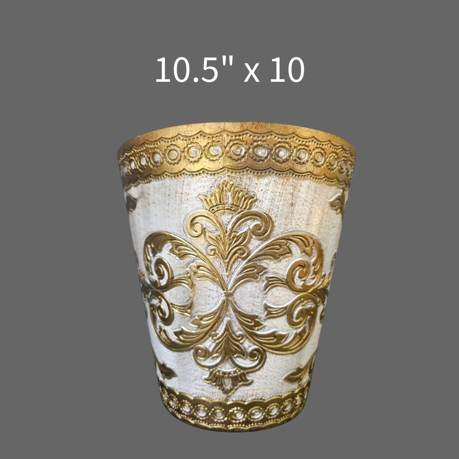 Vintage Italian Gilt Waste Basket Rococo Baroque Gold & White Decor Embossed Scrollwork Fleur-de-Lis - 3