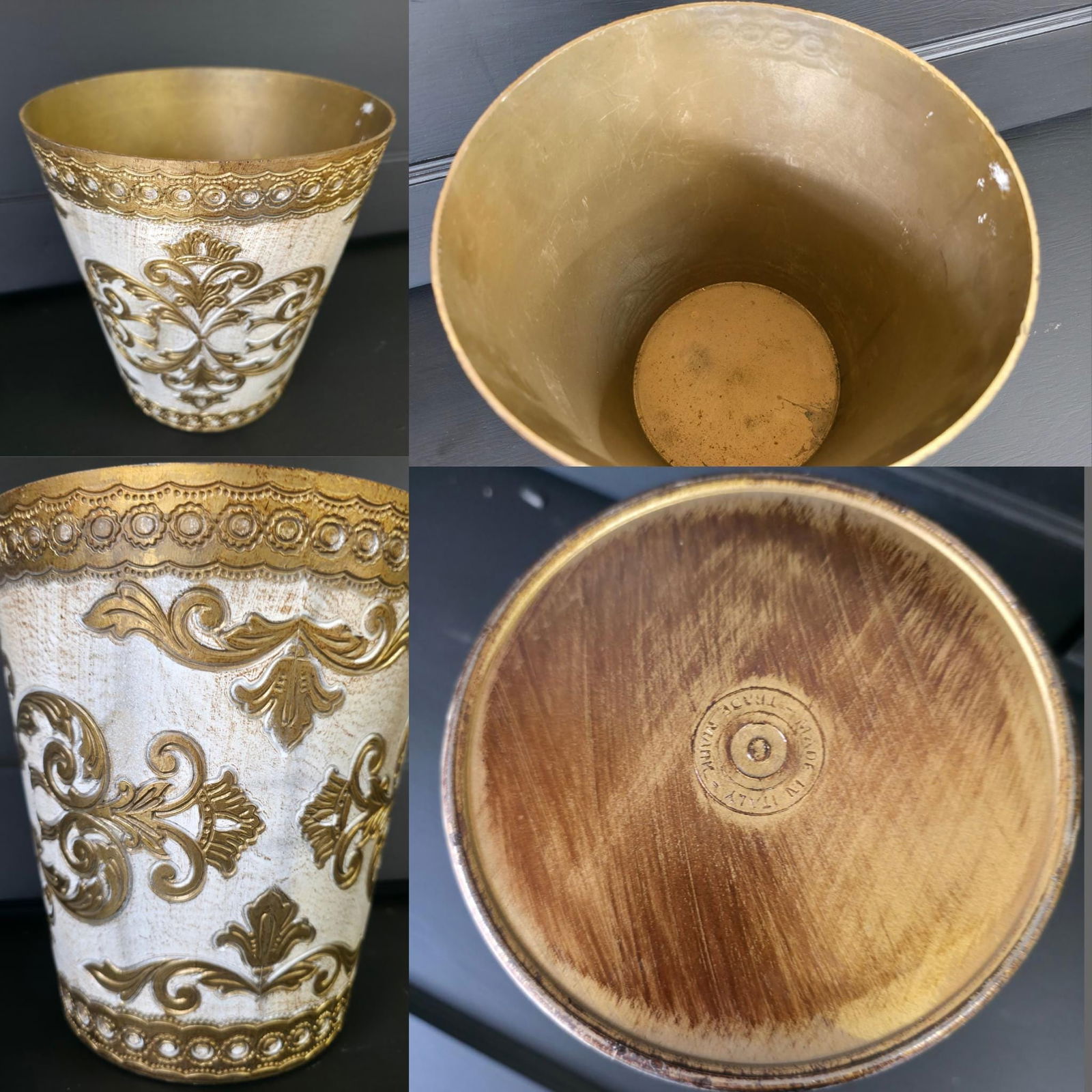 Vintage Italian Gilt Waste Basket Rococo Baroque Gold & White Decor Embossed Scrollwork Fleur-de-Lis - 4