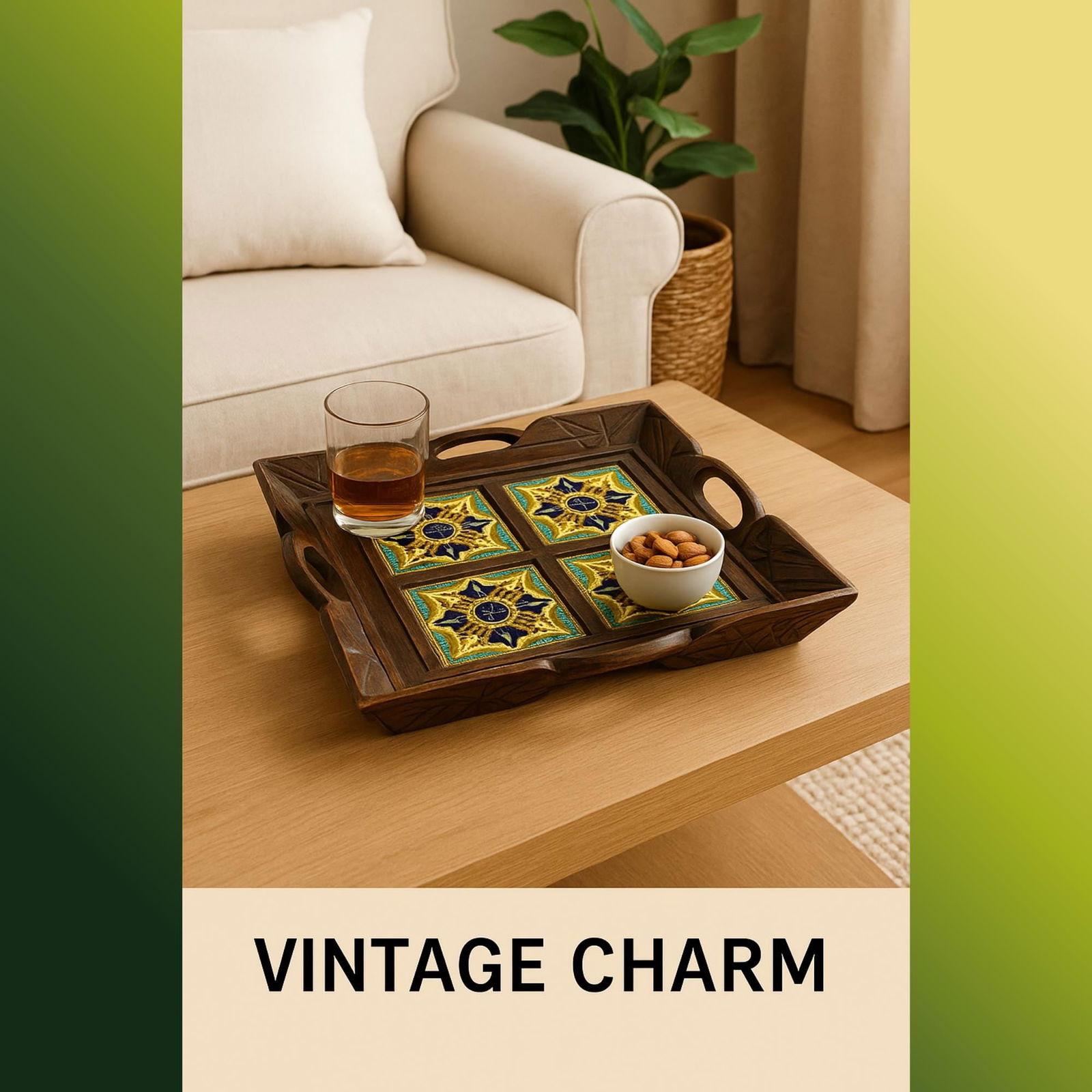 Vintage Decorative Tray Wood Talavera Tile Style Hand-Carved Rustic Mediterranean Folk Art 15" - 10