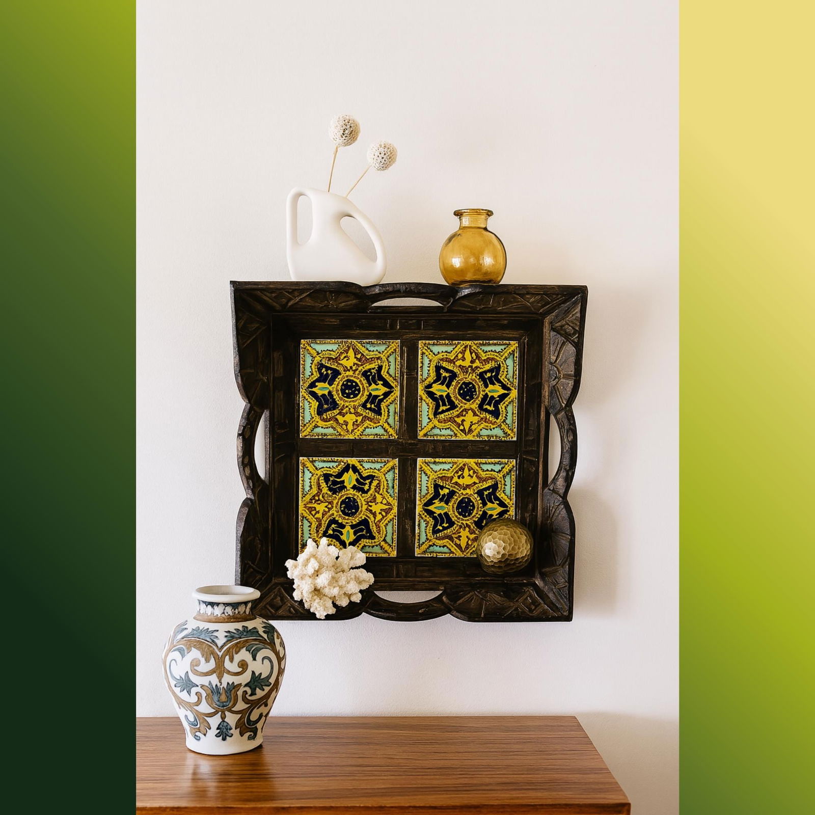 Vintage Decorative Tray Wood Talavera Tile Style Hand-Carved Rustic Mediterranean Folk Art 15" - 2