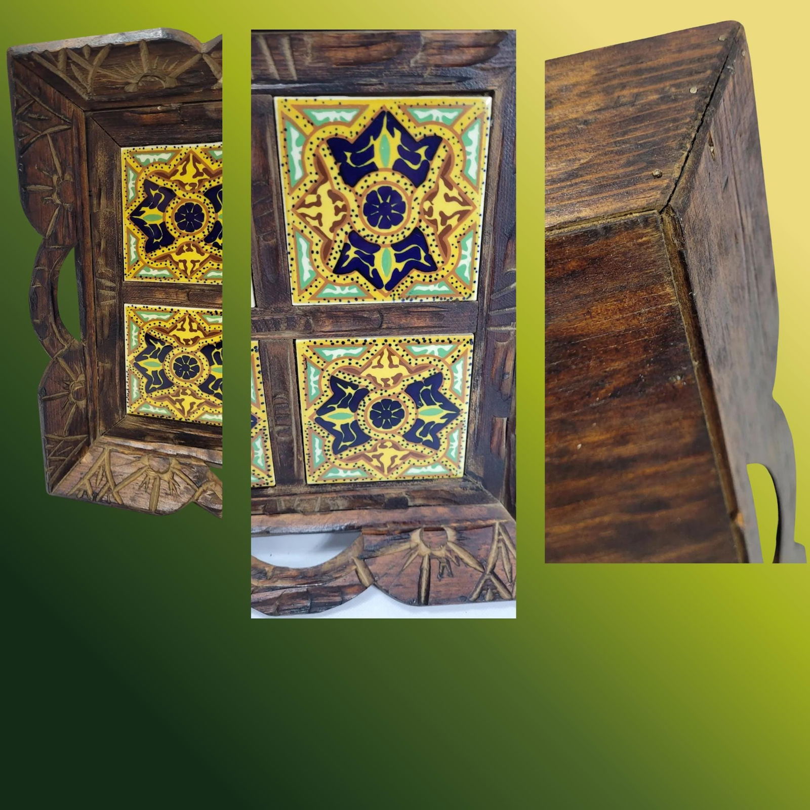 Vintage Decorative Tray Wood Talavera Tile Style Hand-Carved Rustic Mediterranean Folk Art 15" - 6