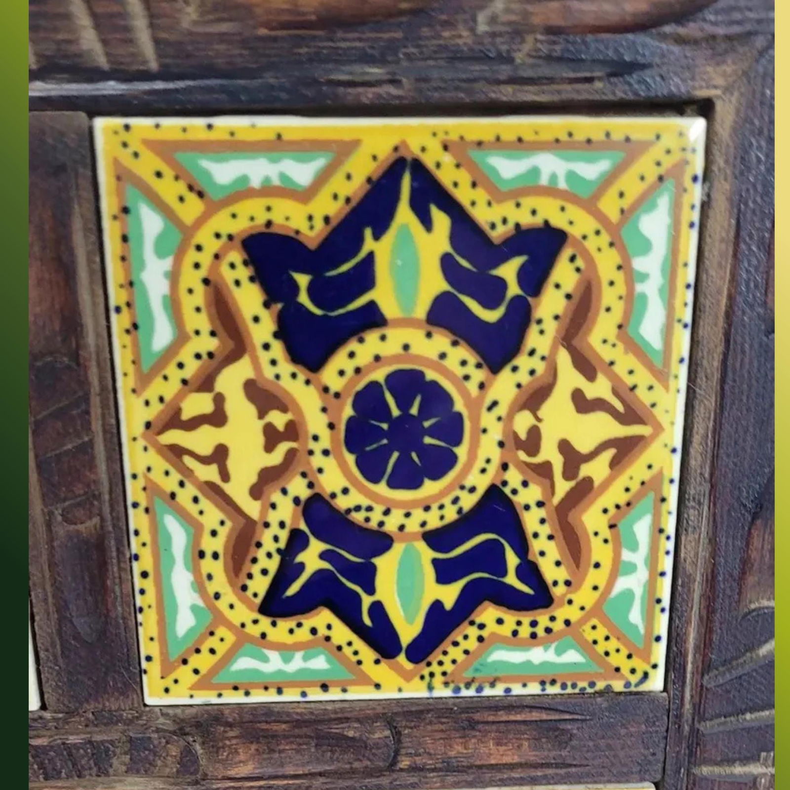 Vintage Decorative Tray Wood Talavera Tile Style Hand-Carved Rustic Mediterranean Folk Art 15" - 9