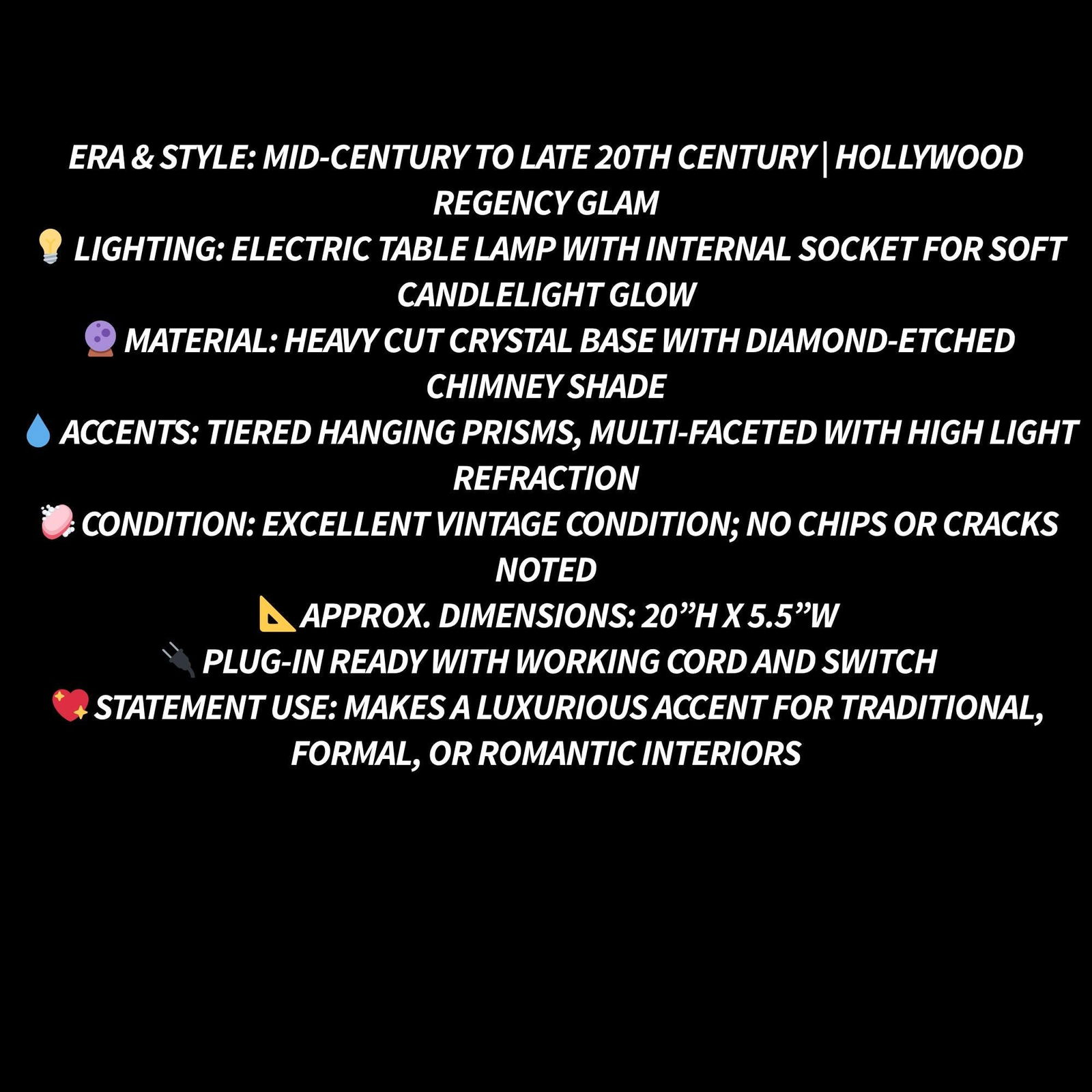 Vintage Crystal Candle Stick Lamp Glass Prisms Table Light Victorian Vanity Dresser Shabby Chic - 4