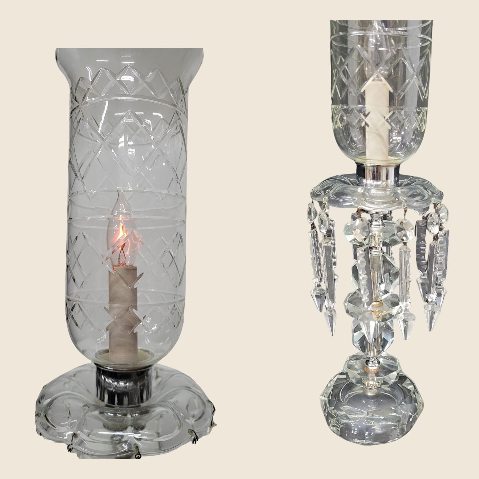 Vintage Crystal Candle Stick Lamp Glass Prisms Table Light Victorian Vanity Dresser Shabby Chic - 9