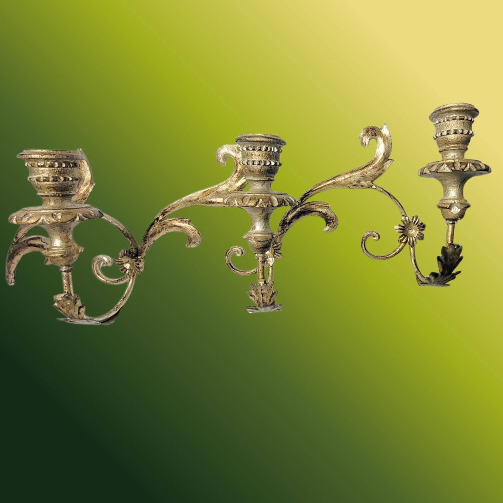 Vintage Italian Wall Candelabra: Rococo Revival Gold Finish, 3-Arm Candle Holder: Title: Vintage Italian Wall Candelabra: Rococo Revival Gold Finish, 3-Arm Candle Holder Description: Italian Wall Candelabra Silvery Gold Metal And Wood Candle Holders. This is a graduation from the l