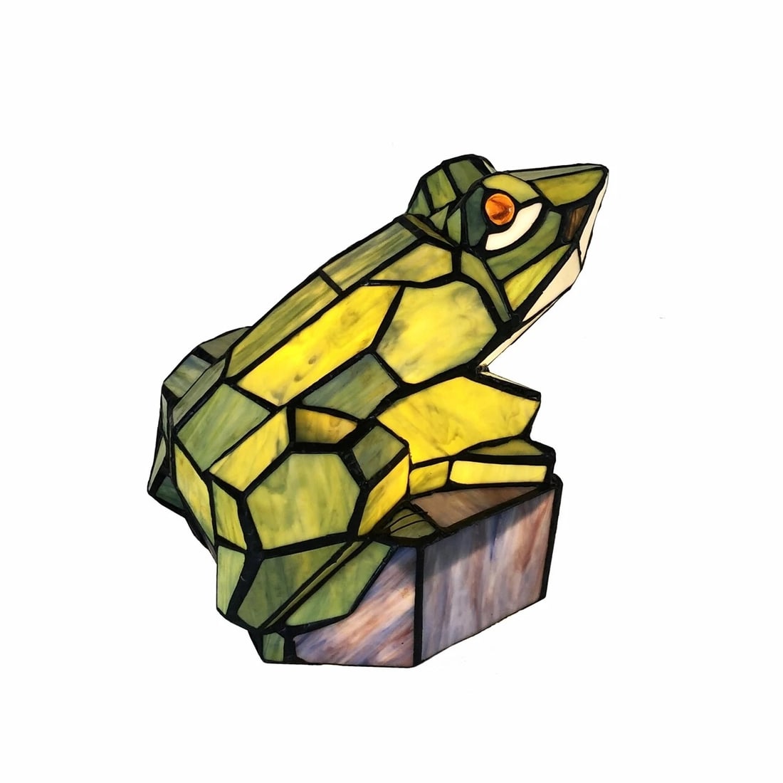 13" Green Stained Glass Frog Accent light Lamp: Description 9.5" Tall x 13" Wide Great reproduction glass frog. This piece is hand made from individually cut pieces of glass. The technique used to make this are the same used by Louis Tiffany in the