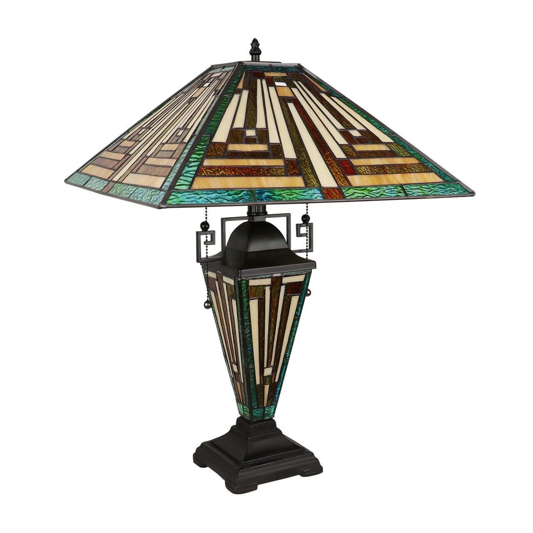 22.91" 3 light Stained Glass Mission Table Lamp: 22.91" tall 15.94" wide shade (2) 100 Watt max E26 Type A and (1) 7w E12 Type C Bulbs (not included) Illuminate your space with the timeless beauty of our reproduction antique traditional Mission-Styl