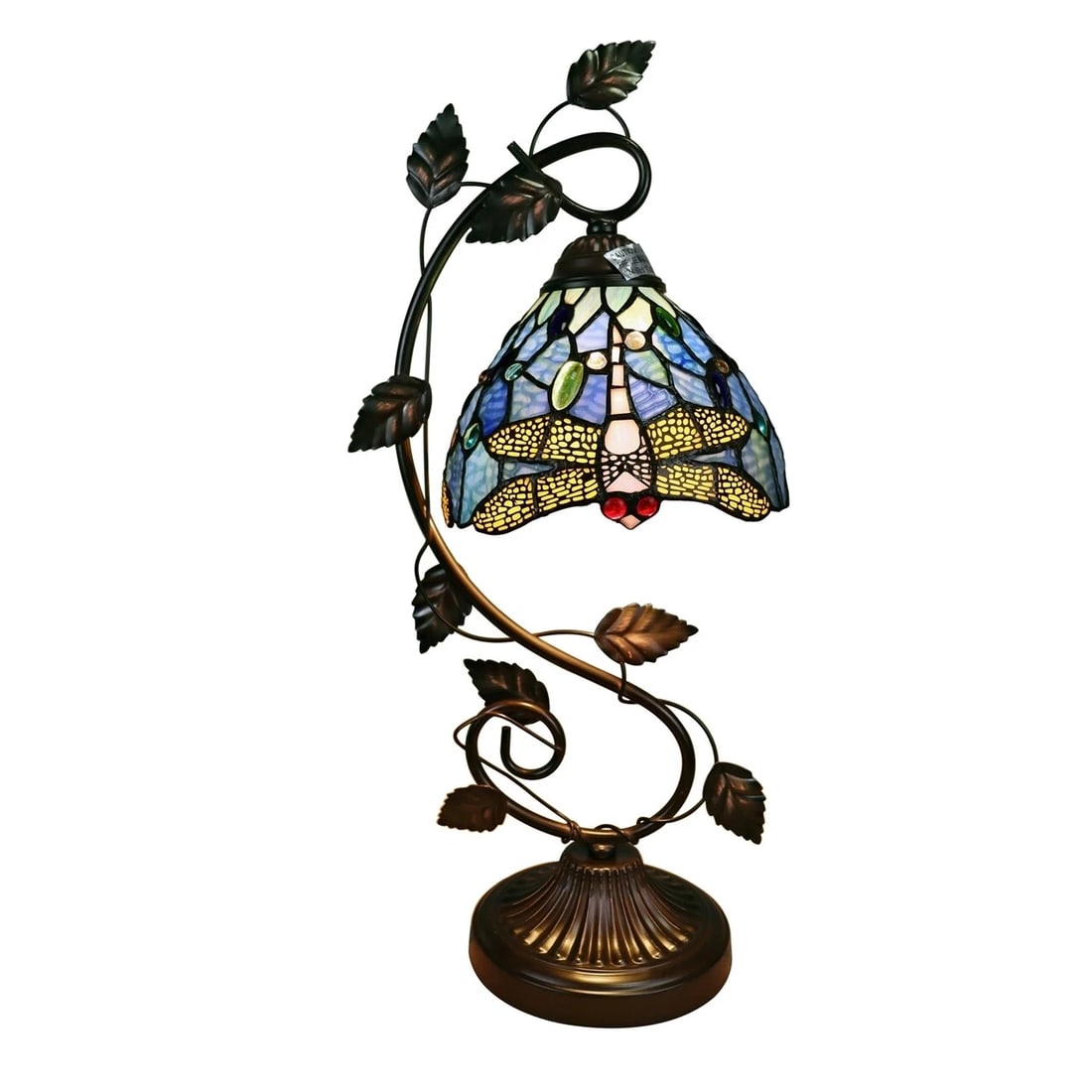 23" Stained Glass Dragonfly Floral Table Lamp: 22 3/4" tall, 10" base 7" wide shade Introducing the stunning modern reproduction 1 light accent table lamp, an exquisite piece that boasts a mesmerizing dragonfly shade. This lamp is perfect for a ra