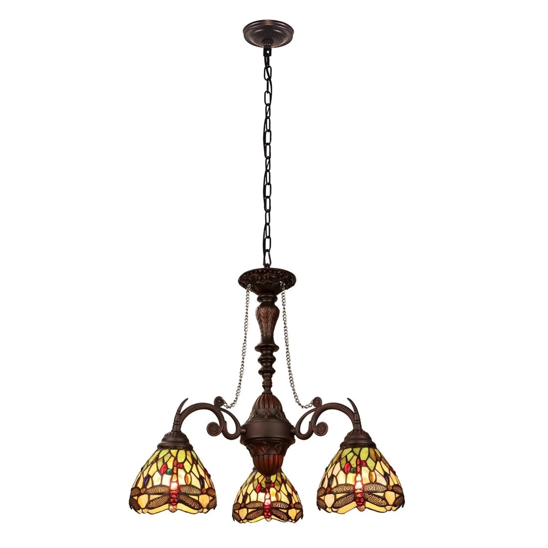 24" 3 Light Stained Glass Dragonfly Hanging Down Light Chandelier: (3) 60 Watt max Regular E26 Type A Bulb (not included) 24" Width 21.3 Height 85.8" Max Hanging This new reproduction Tiffany-style mini chandelier is inspired by the stained glass lighting designs pop