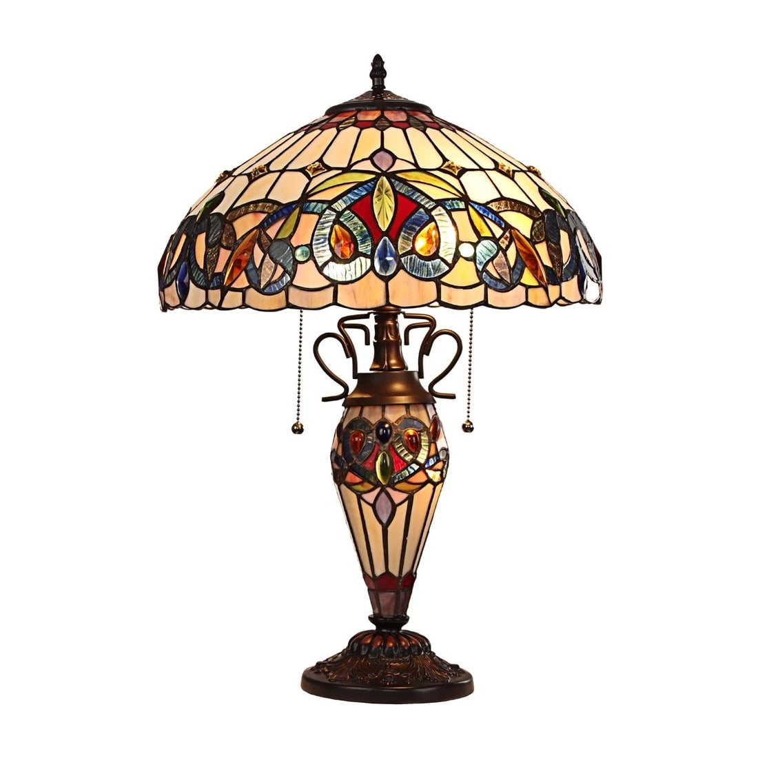 23.23" Stained Glass Lit Base Table Lamp: 23.23" Tall x 15.94" Wide Wonderful reproduction stained glass double lit table lamp with a light in the base. The technique used to make this lamp are the same used by Louis Tiffany in the early 1900
