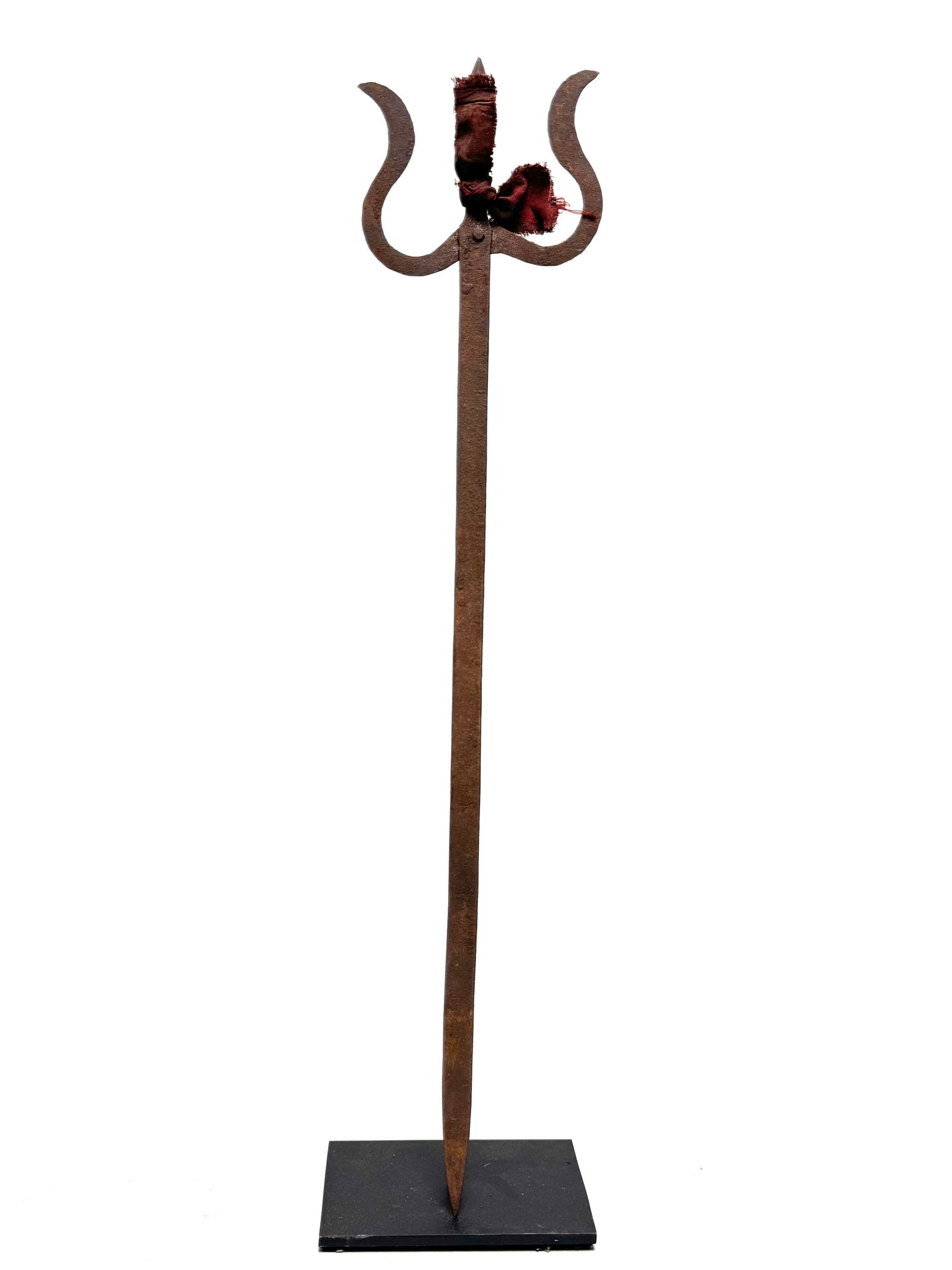 Ritual Trisula Trident on Phurba - Iron (cast), Cotton - Nepal - First half 20th century: Title: Ritual Trisula Trident on Phurba - Iron (cast), Cotton - Nepal - First half 20th century Description: Old Iron Ritual Trishul Trishula. Trident Attribute of Hindu God Shiva Nepal, Hindu ethnic