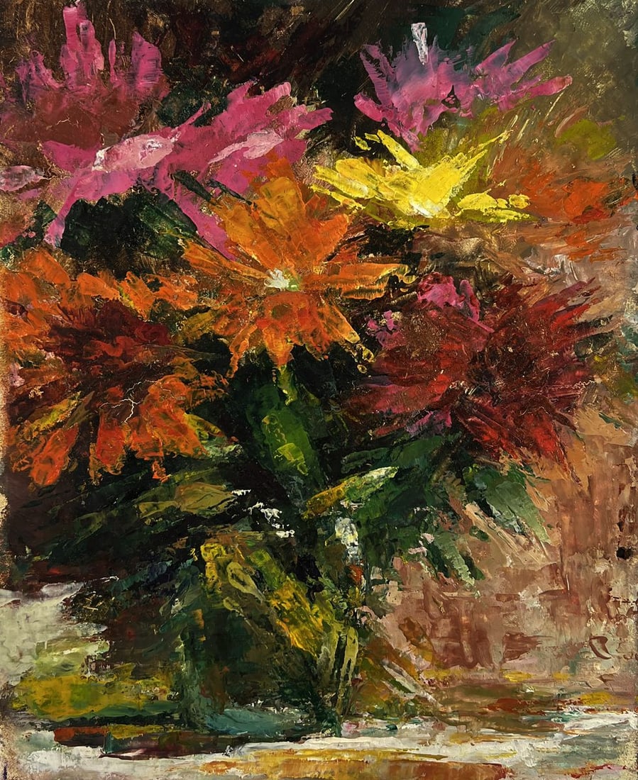 Oil painting Bouquet of multi colored flowers Vadim Aksenov: Title: Oil painting Bouquet of multi colored flowers Vadim Aksenov Description: №AAA5028The oil painting on hardboard titled "Bouquet of Multi-Colored Flowers" is a vivid celebration of