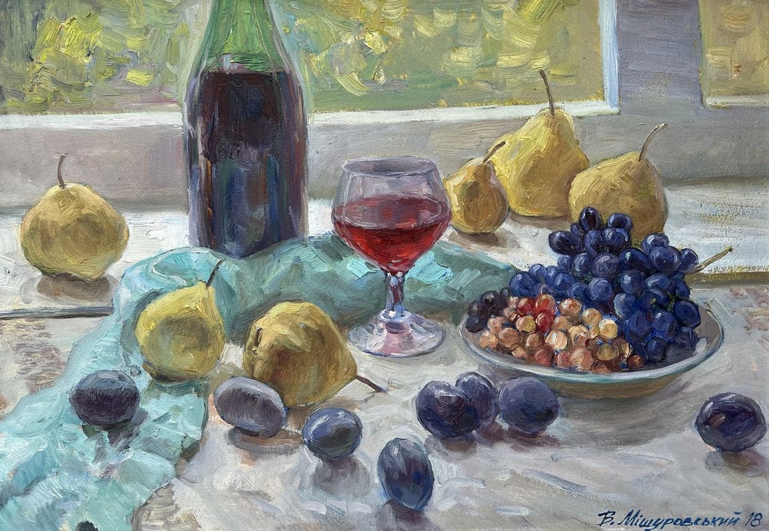 Oil painting Wine and fruit V. Mishurovsky: Title: Oil painting Wine and fruit V. Mishurovsky Description: №261"Wine and Fruit" by Viktor Myshurovsky is a still life painting that beautifully captures the essence of abundance and the simp