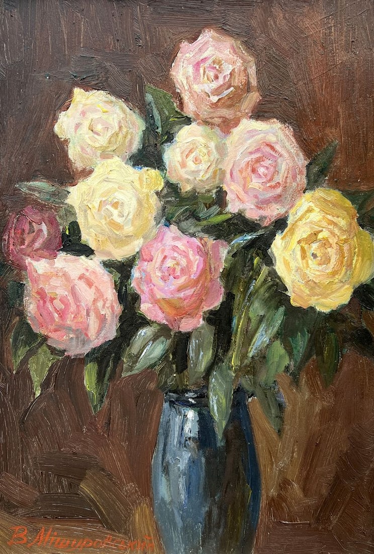 Oil painting Red and yellow roses V. Mishurovsky: Title: Oil painting Red and yellow roses V. Mishurovsky Description: №282In the painting "Red and Yellow Roses" by Viktor Myshurovsky, the artist presents a bouquet of roses, showcasing the