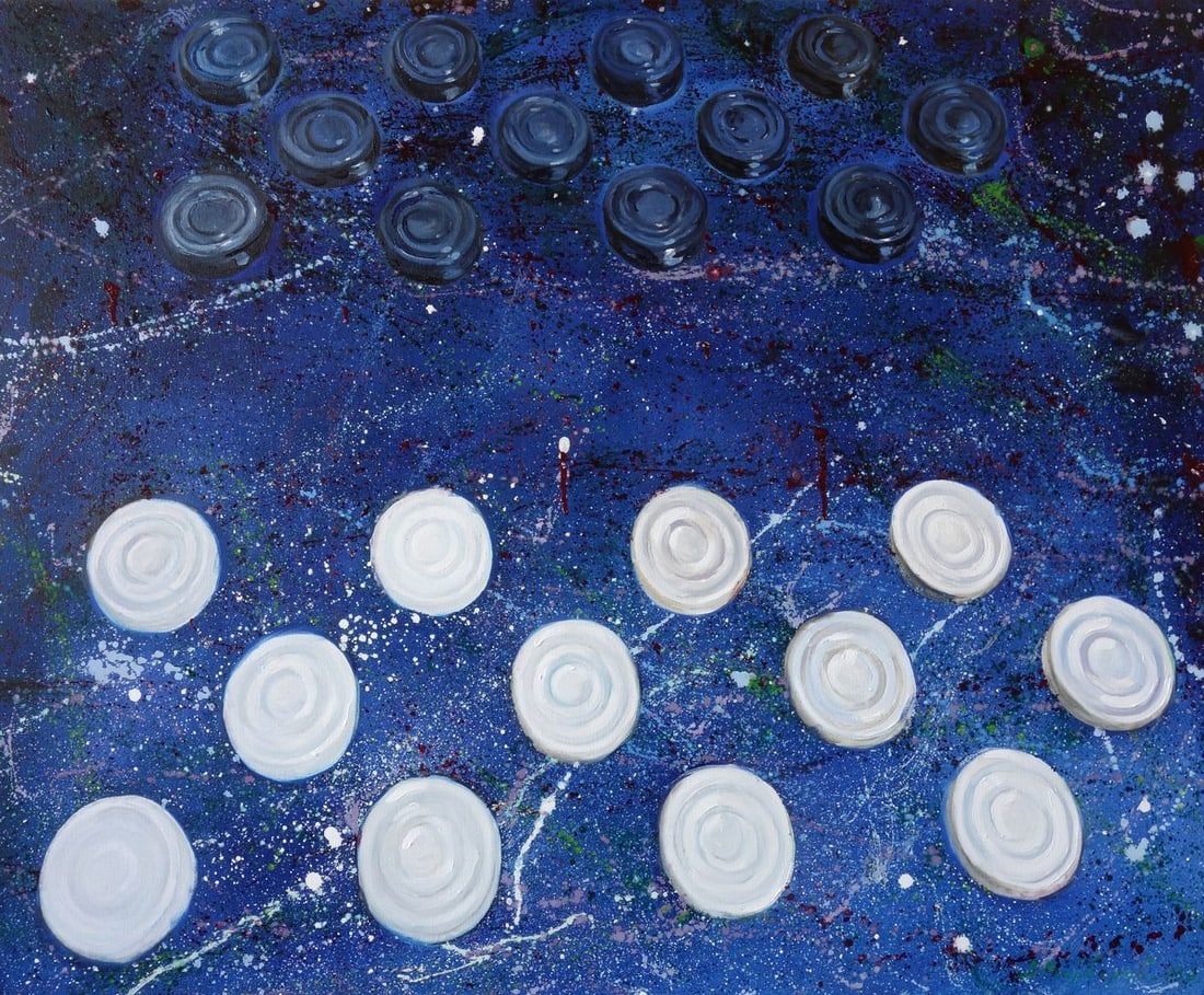 Oil painting Game Varvarov Anatoly Viktorovich: Title: Oil painting Game Varvarov Anatoly Viktorovich Description: №Varv 207The oil painting "Game" appears to be an abstract representation of a checkers or chess game in progress, with the