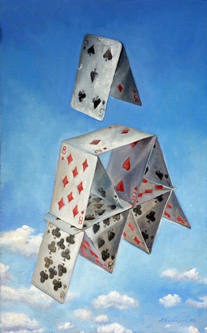 Oil painting Lodge Varvarov Anatoly Viktorovich: Title: Oil painting Lodge Varvarov Anatoly Viktorovich Description: №Varv 208The oil painting "Lodge" presents a whimsical and surreal image of playing cards arranged in the form of a
