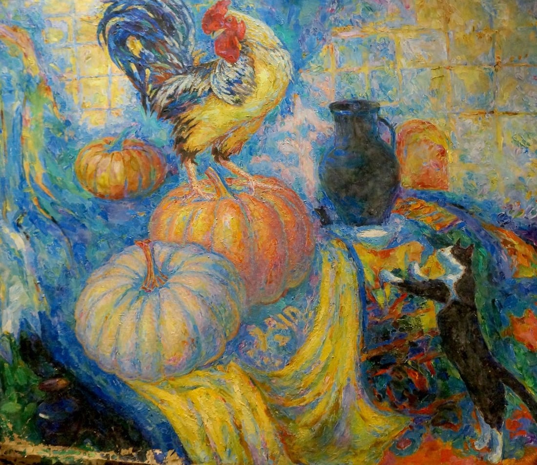 Oil painting Rooster on a pumpkin Tytarenko Odarka Anatoliivna: Title: Oil painting Rooster on a pumpkin Tytarenko Odarka Anatoliivna Description: №Verns 1268 *** ABOUT THIS PAINTING *** TITLE: "Rooster on a pumpkin" ARTISTS: Tytarenko Odarka Anatoliivna