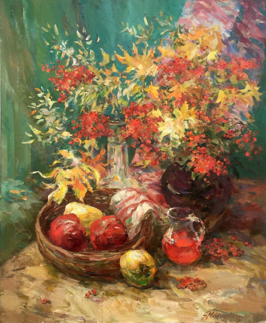 Autumn still life oil painting: Title: Autumn still life oil painting Description: №66 *** ABOUT THIS PAINTING *** TITLE: "Autumn still life" * ARTIST: Mikhailichenko Sergey Viktorovich SIZE: 90x75cm/'35,43?29.52 inches'