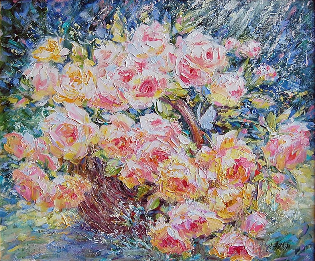 Oil painting Sunny roses Kotmin Olga: Title: Oil painting Sunny roses Kotmin Olga Description: №Kotmin 91 *** ABOUT THIS PAINTING *** TITLE: "Sunny roses" ARTISTS: Kotmin Olga SIZE: 50x60 cm/'19.68x23.62 inches' MEDIUM: oil, canvas