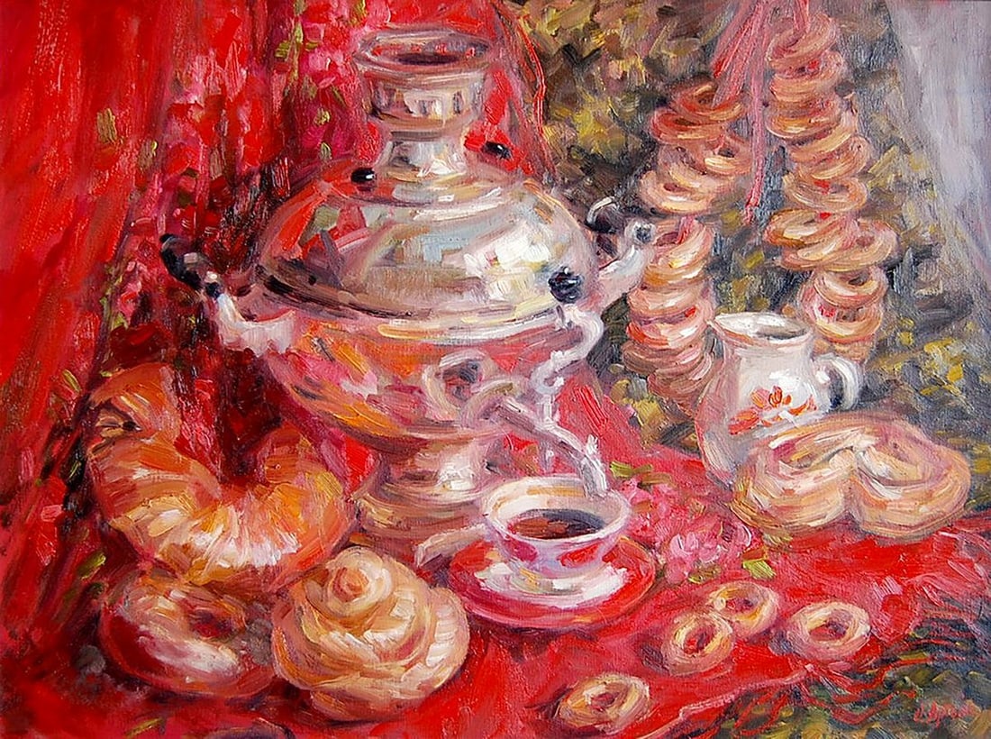 Oil painting At the samovar Kotmin Olga: Title: Oil painting At the samovar Kotmin Olga Description: №Kotmin 100 *** ABOUT THIS PAINTING *** TITLE: "At the samovar" ARTISTS: Kotmin Olga SIZE: 60x80 cm/'23.62x31.49 inches' MEDIUM: oil,