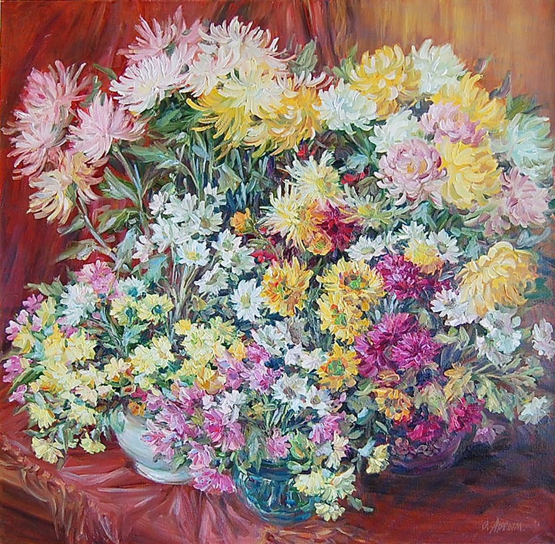 Oil painting Asters and chrysanthemums Kotmin Olga: Title: Oil painting Asters and chrysanthemums Kotmin Olga Description: №Kotmin 111 *** ABOUT THIS PAINTING *** TITLE: "Asters and chrysanthemums" ARTISTS: Kotmin Olga SIZE: 80x80 cm/'31.49x31.49