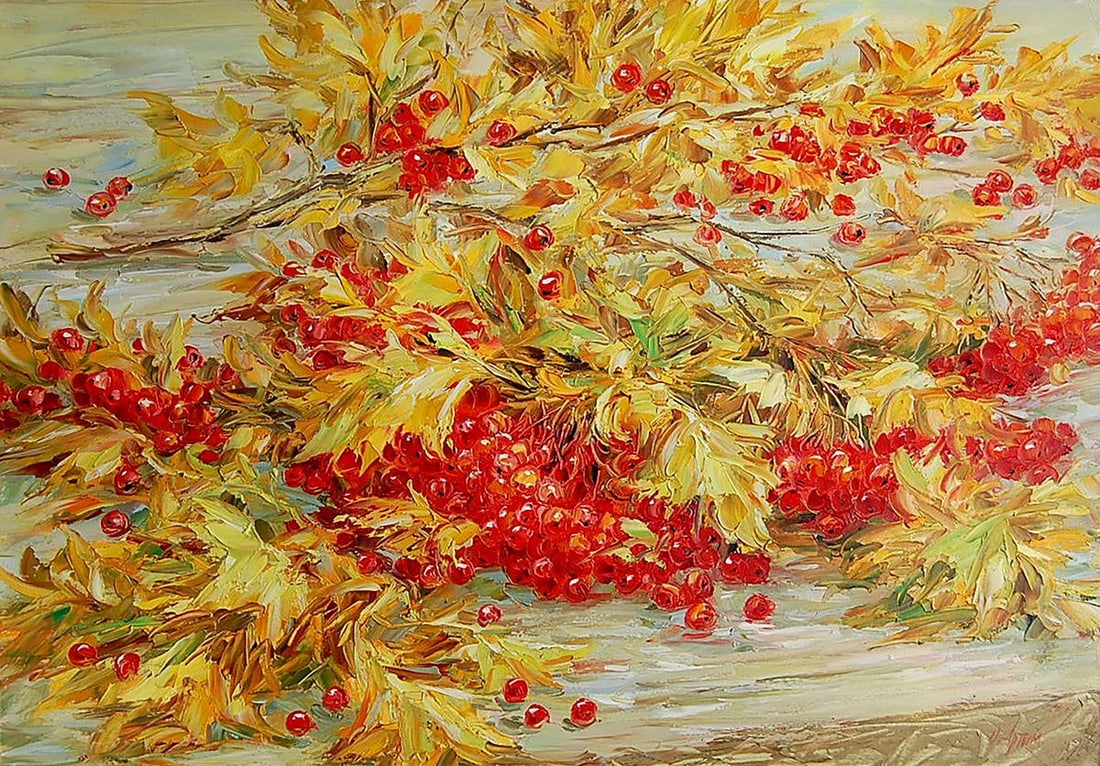Oil painting Viburnum song Kotmin Olga: Title: Oil painting Viburnum song Kotmin Olga Description: №Kotmin 115 *** ABOUT THIS PAINTING *** TITLE: "Viburnum song" ARTISTS: Kotmin Olga SIZE: 50x70 cm/'19.68x27.55 inches' MEDIUM: oil, ca