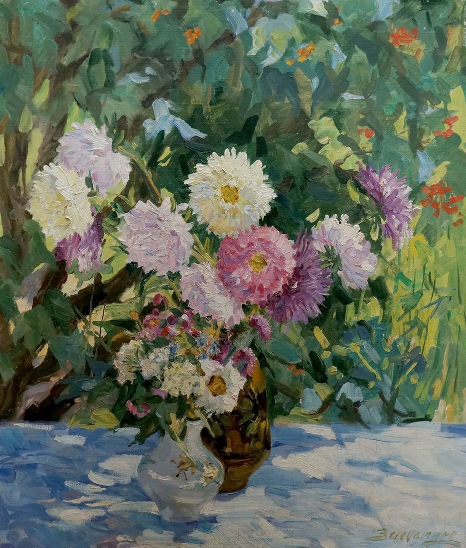 Oil painting Autumn asters Zatsepina Zinaida Ilyinichna: Title: Oil painting Autumn asters Zatsepina Zinaida Ilyinichna Description: №Vern 1641 *** ABOUT THIS PAINTING *** TITLE: "Autumn asters" ARTISTS: Zatsepina Zinaida Ilyinichna SIZE: 70x60 cm/'27