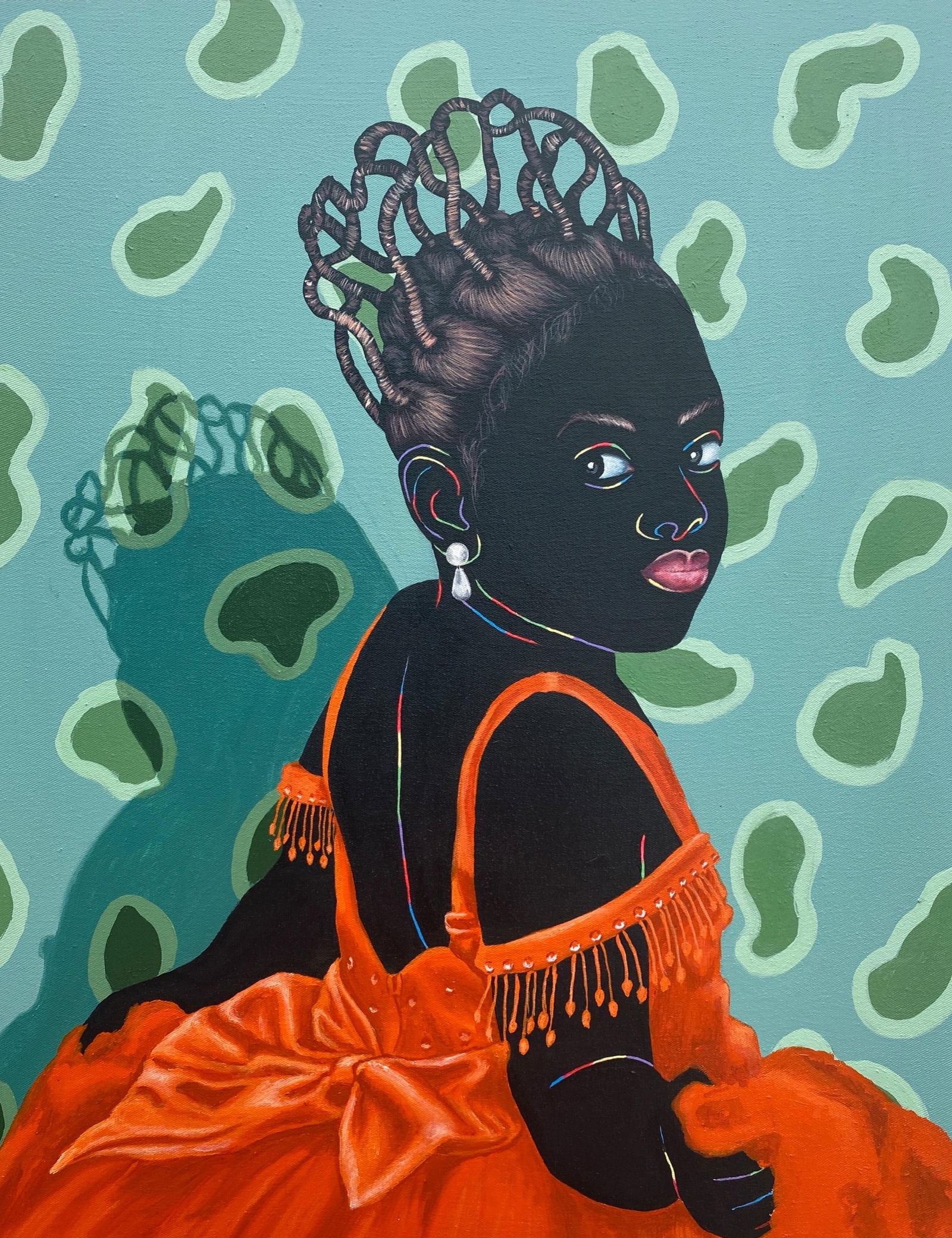 Esther Oyeyemi, Tapestry of Beauty (Asake) 1 - 21st Century, Contemporary, Figurative, Portrait,: Creator: Esther Oyeyemi (1995, Nigerian) Creation Year: 2023 Dimensions: Height: 25 in (63.5 cm)Width: 20 in (50.8 cm)Depth: 1 in (2.54 cm) Medium: Canvas,Acrylic Movement & Style: Contemporary Period
