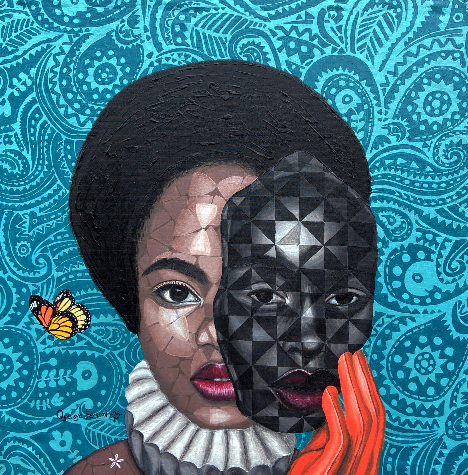Oyeleye Feranmi, Unmask -21st Century, Contemporary, Figurative, Portrait, Women, Africa, Pattern,: Creator: Oyeleye Feranmi (2000, Nigerian) Creation Year: 2025 Dimensions: Height: 30 in (76.2 cm)Width: 30 in (76.2 cm)Depth: 1 in (2.54 cm) Medium: Canvas,Acrylic Movement & Style: Contemporary Perio