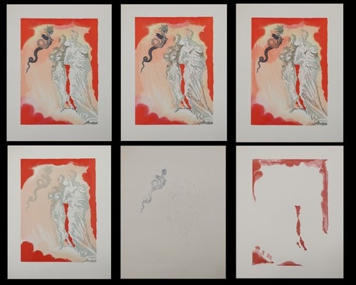 DALI "Canto 21 The Black Devil": Title:DALI "Canto 21 The Black Devil"Date/Period:1960Materials:wood engravings on BFK Rives paperSize:13 3/8 x 9 7/9 inchesDescription:Salvador Dali original wood engravings - 6 decomposition boards