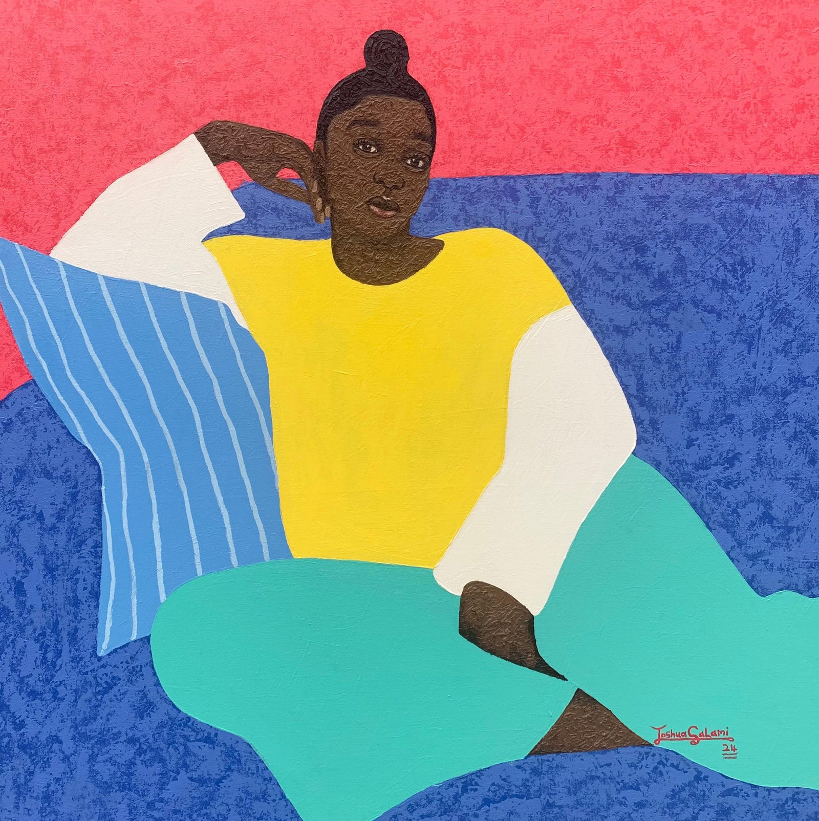 Joshua Salami, How Long Will I Have To Wait -21st Century, Contemporary, Figurative, Love Women,: Creator: Joshua Salami (1995, Nigerian) Creation Year: 2024 Dimensions: Height: 36 in (91.44 cm)Width: 36 in (91.44 cm)Depth: 1 in (2.54 cm) Medium: Canvas,Acrylic,Oil Movement & Style: 