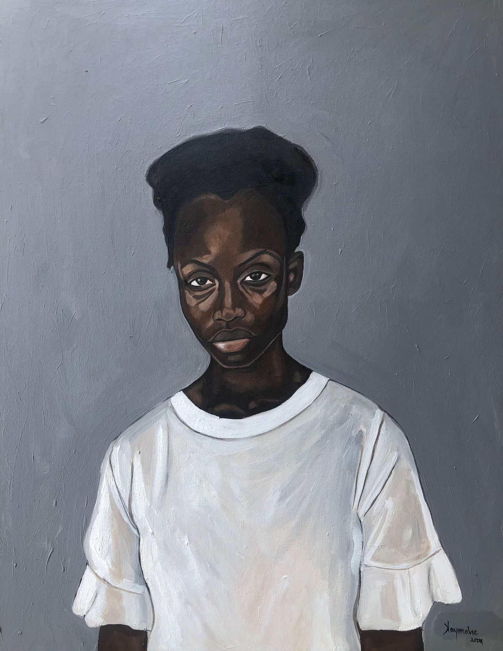 Kayimahe Ishmael Zed, Untitled 4 - 21st Century Contemporary, Expressionist Portrait, African Woman,: Creator: Kayimahe Ishmael Zed (1993) Creation Year: 2024 Dimensions: Height: 35.4 in (89.92 cm)Width: 27.6 in (70.11 cm)Depth: 1 in (2.54 cm) Medium: Canvas,Acrylic Movement & Style: Expressionist Per