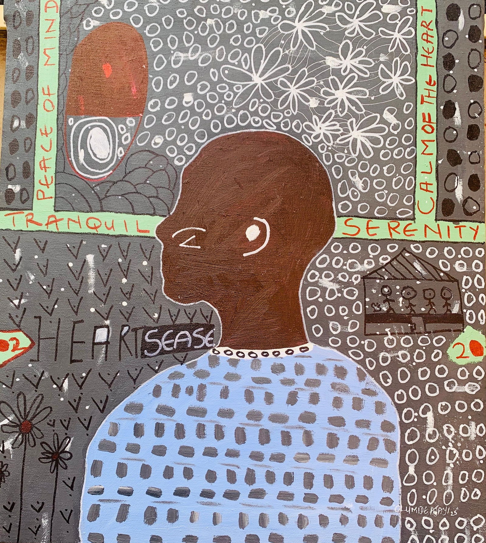 Olumide Ajayi, Heartsease - 21st Century, Contemporary, Abstract, Pop Culture, People, Peace, 2025: Creator: Olumide Ajayi (1996, Nigerian) Creation Year: 2025 Dimensions: Height: 24 in (60.96 cm)Width: 21 in (53.34 cm)Depth: 1 in (2.54 cm) Medium: Canvas,Ink,Acrylic Movement & Style: Abstract