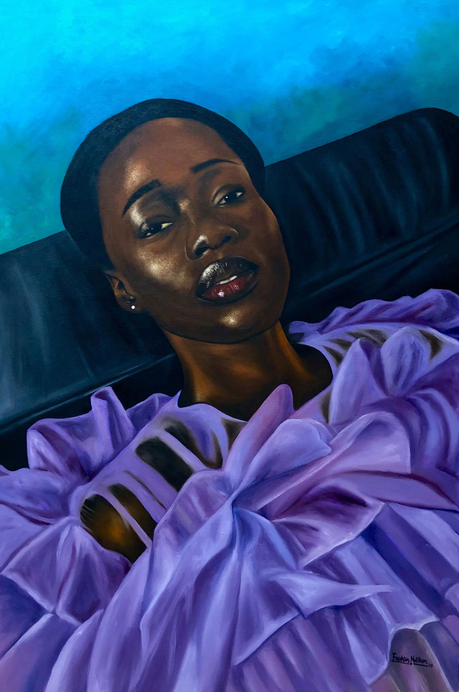Franklin Ndibam, Peace (Udo) - 21st Century, Contemporary, Figurative Portrait, Women, Blue, Love,: Creator: Franklin Ndibam (1990, Nigerian) Creation Year: 2024 Dimensions: Height: 48 in (121.92 cm)Width: 32 in (81.28 cm)Depth: 1 in (2.54 cm) Medium: Canvas,Oil Movement & Style: Contemporary