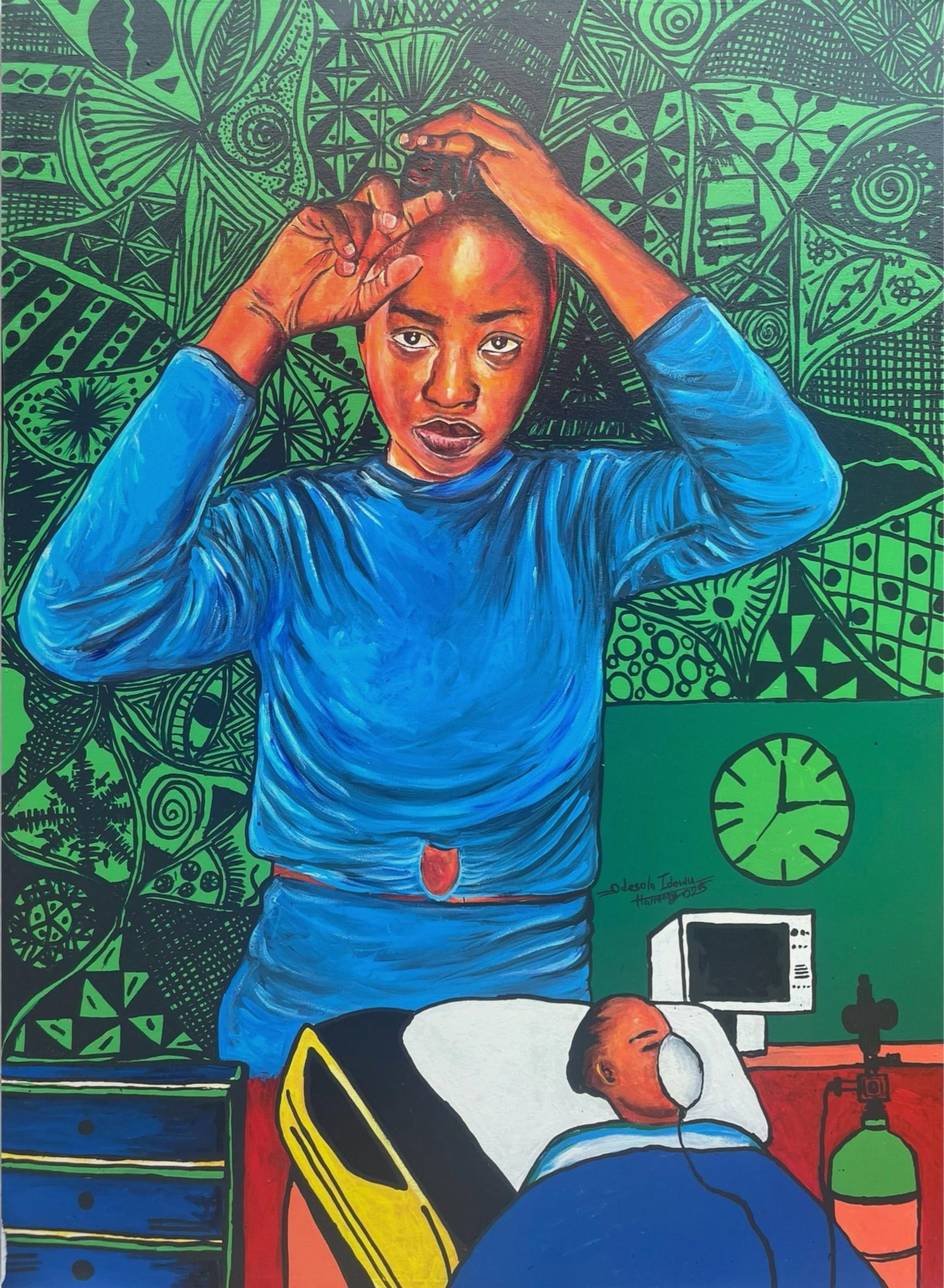 Odesola Idowu, Most Expensive Bed - 21st Century, Contemporary, Figurative, Portrait, Hospital, 2024: Creator: Odesola Idowu (2000, Nigerian) Creation Year: 2024 Dimensions: Height: 48 in (121.92 cm)Width: 36 in (91.44 cm)Depth: 1 in (2.54 cm) Medium: Canvas,Acrylic Movement & Style: 