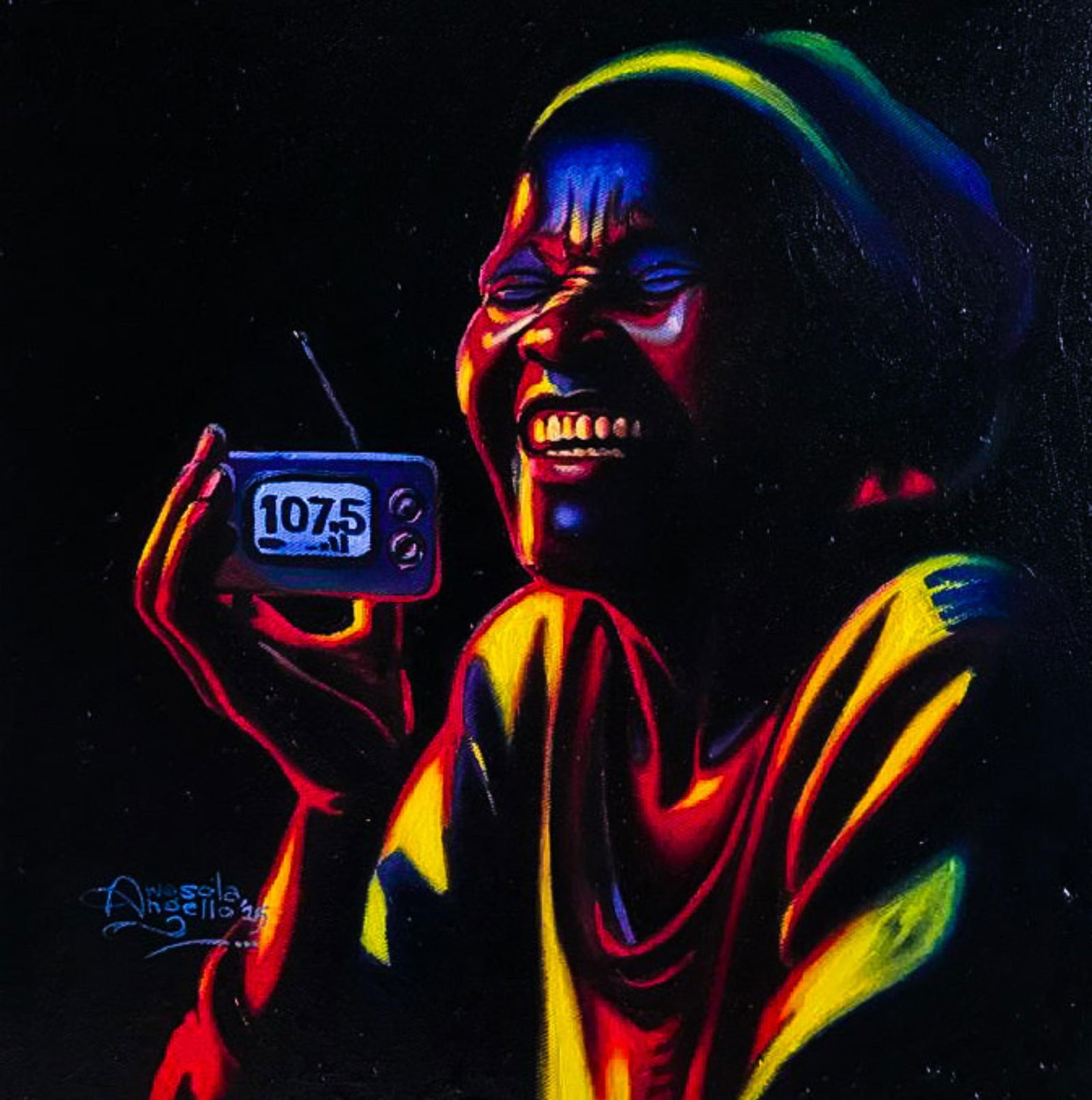 Awosola Michael Angello, Goodnews 4 - 21st Century, Contemporary, Figurative, Portrait, Happiness,: Creator: Awosola Michael Angello (1992, Nigerian) Creation Year: 2025 Dimensions: Height: 15 in (38.1 cm)Width: 15 in (38.1 cm)Depth: 1 in (2.54 cm) Medium: Canvas,Oil Movement & Style: 