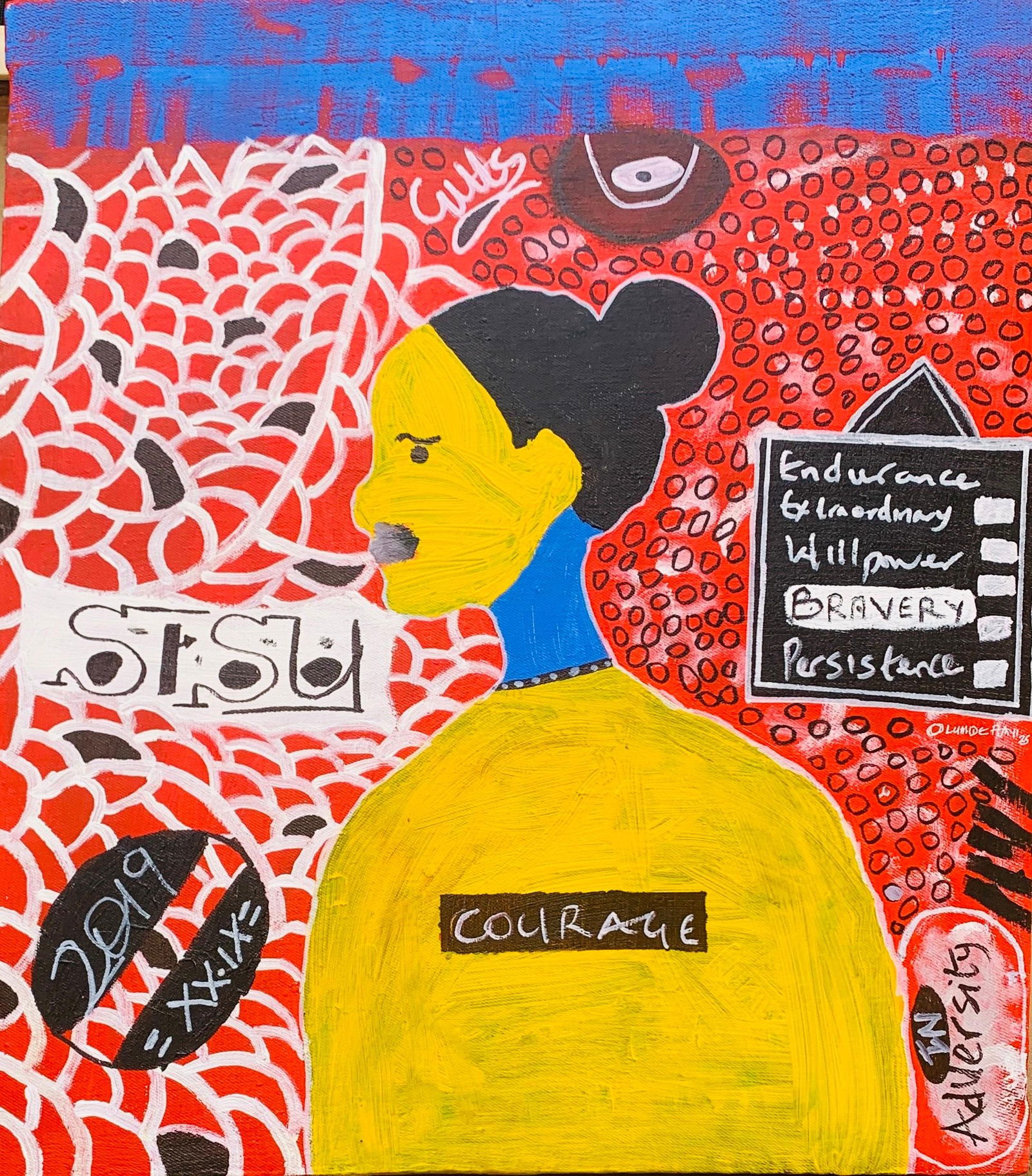 Olumide Ajayi, Sisu - 21st Century, Contemporary, Abstract, Pop Culture, People, Women, Mothers,: Creator: Olumide Ajayi (1996, Nigerian) Creation Year: 2025 Dimensions: Height: 24 in (60.96 cm)Width: 21 in (53.34 cm)Depth: 1 in (2.54 cm) Medium: Canvas,Ink,Acrylic Movement & Style: Abstract