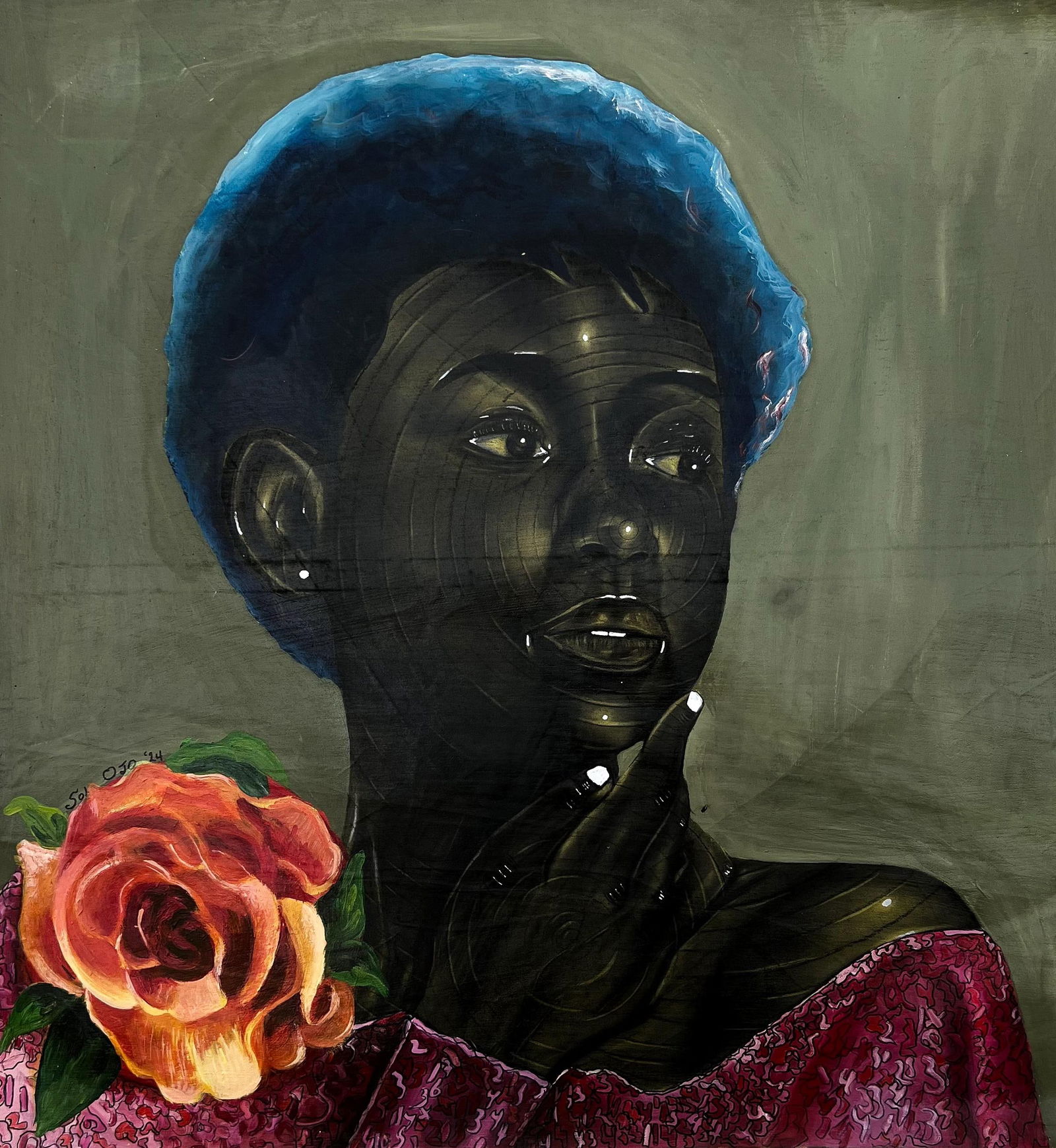 Sola Ojo, Soul Adorned -21st Century, Contemporary, Figurative, Portrait, Africa, Women, 2024: Creator: Sola Ojo (1996, Nigerian) Creation Year: 2024 Dimensions: Height: 32 in (81.28 cm)Width: 32 in (81.28 cm)Depth: 1 in (2.54 cm) Medium: Canvas,Charcoal,Mixed Media,Oil,Acrylic Movement &