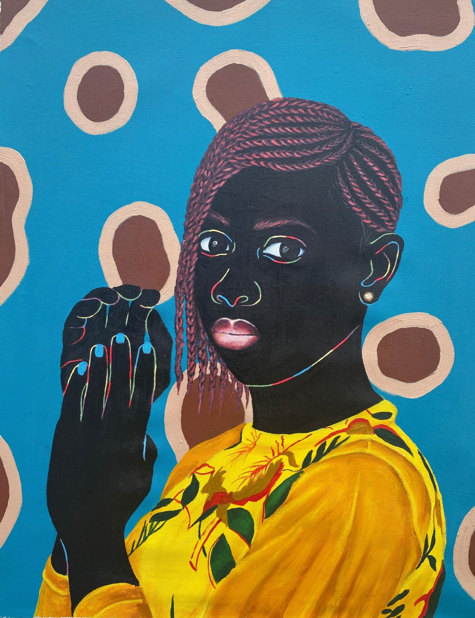 Esther Oyeyemi, Tapestry of Beauty (Arike) 2 - 21st Century, Contemporary, Figurative, Portrait,: Creator: Esther Oyeyemi (1995, Nigerian) Creation Year: 2023 Dimensions: Height: 24 in (60.96 cm)Width: 20 in (50.8 cm)Depth: 1 in (2.54 cm) Medium: Acrylic,Canvas Movement & Style: Contemporary