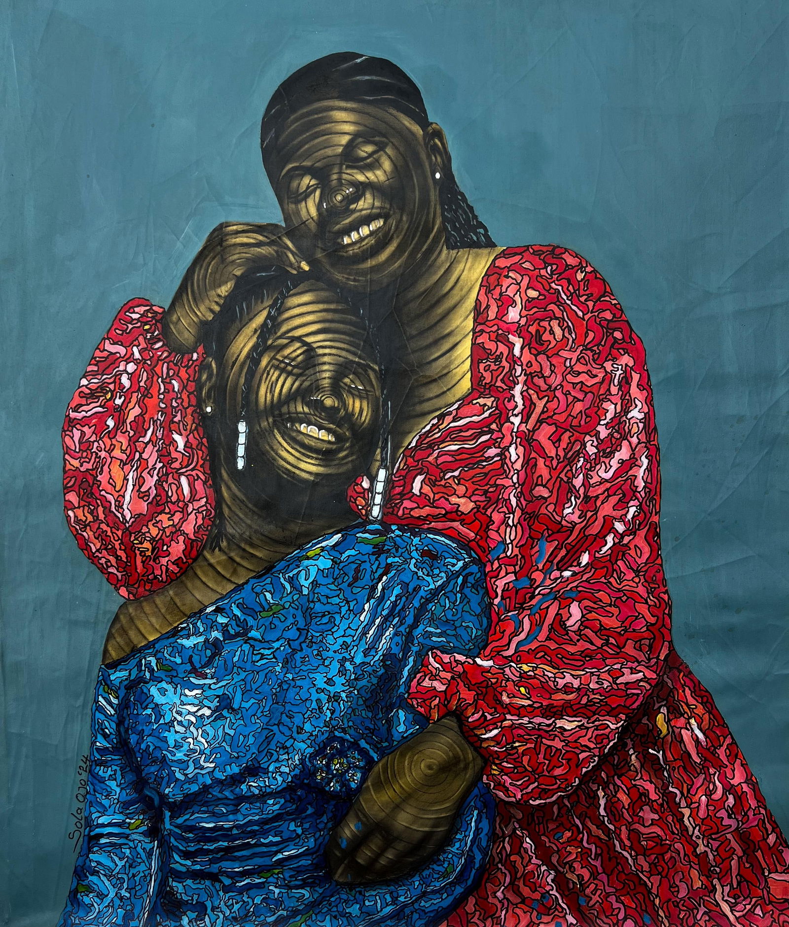 Sola Ojo, Sisters in Harmony -21st Century Contemporary, Figurative Portrait, Africa Women, 2024: Creator: Sola Ojo (1996, Nigerian) Creation Year: 2024 Dimensions: Height: 35 in (88.9 cm)Width: 30 in (76.2 cm)Depth: 1 in (2.54 cm) Medium: Canvas,Charcoal,Mixed Media,Oil,Acrylic Movement & Style: