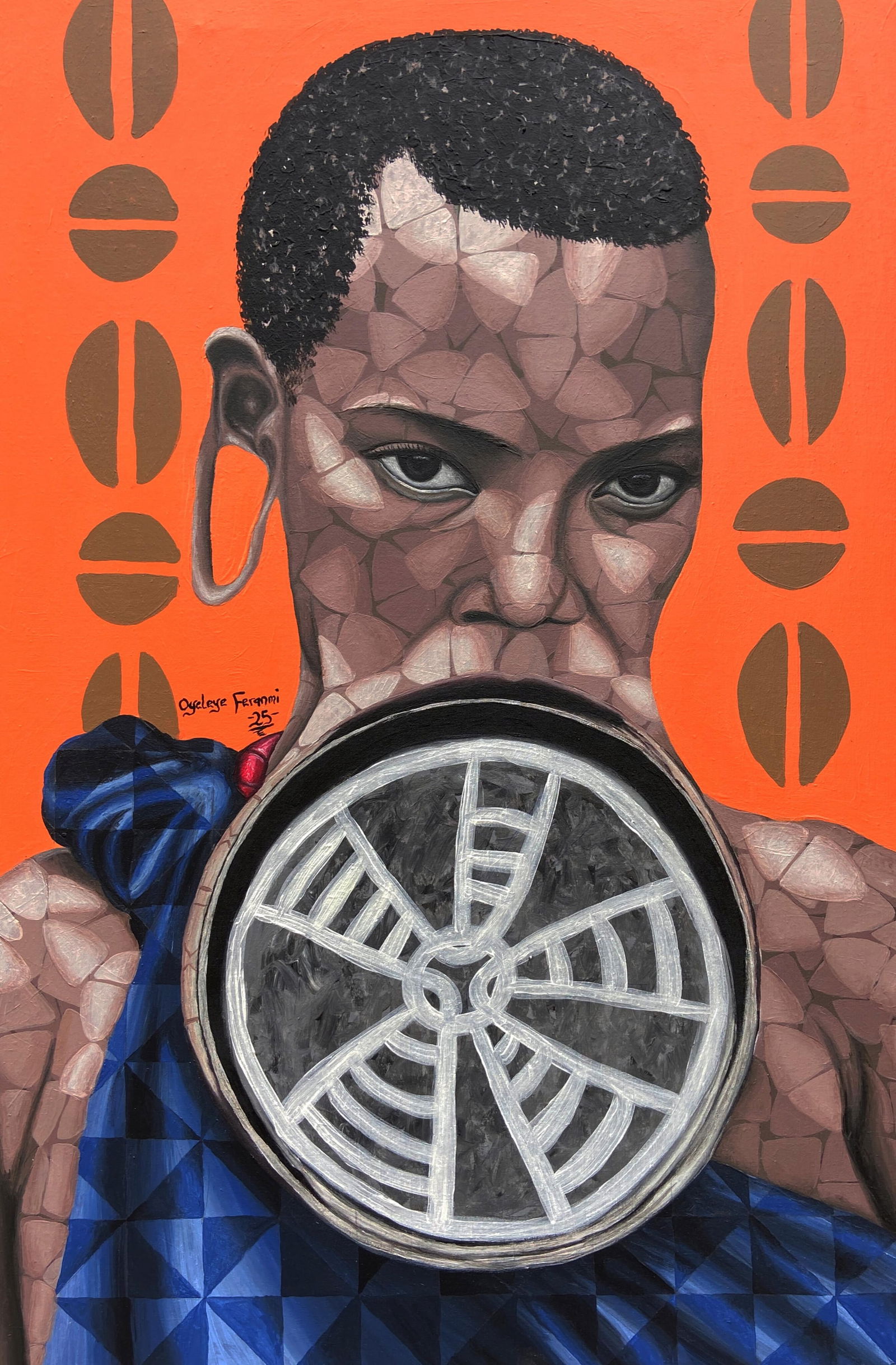 Oyeleye Feranmi, Black Tribe - 21st Century, Contemporary, Figurative, Portrait, Africa, Pattern,: Creator: Oyeleye Feranmi (2000, Nigerian) Creation Year: 2025 Dimensions: Height: 35.5 in (90.17 cm)Width: 23.5 in (59.69 cm)Depth: 1 in (2.54 cm) Medium: Canvas,Acrylic Movement & Style: 