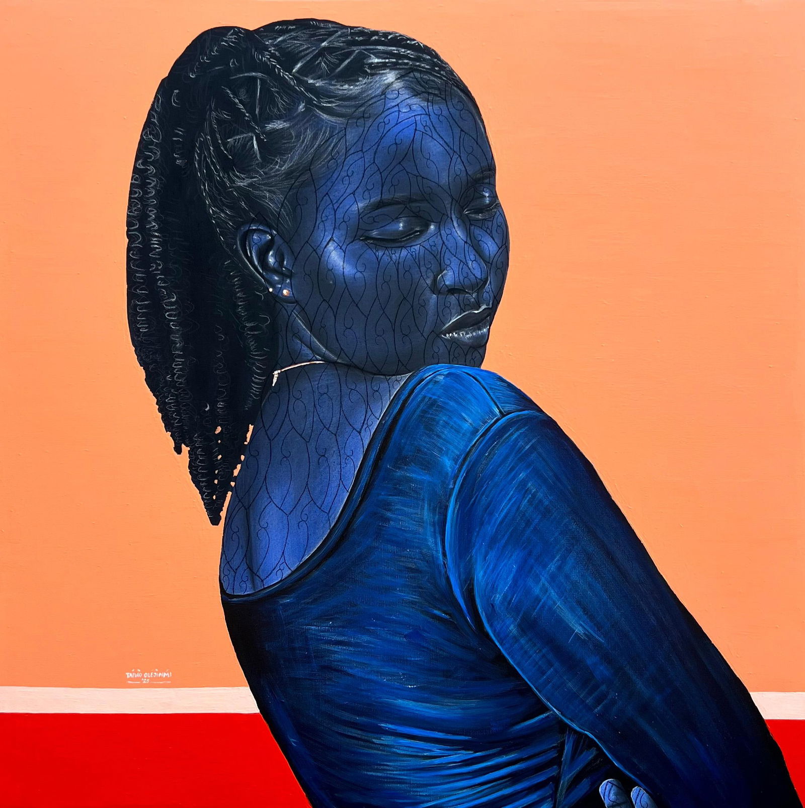 Taiwo Odejinmi, Embracing Stillness -21st Century, Contemporary, Figurative Portrait, Women, 2025: Creator: Taiwo Odejinmi (Nigerian) Creation Year: 2025 Dimensions: Height: 36 in (91.44 cm)Width: 36 in (91.44 cm)Depth: 1 in (2.54 cm) Medium: Canvas,Charcoal,Mixed Media,Acrylic Movement &