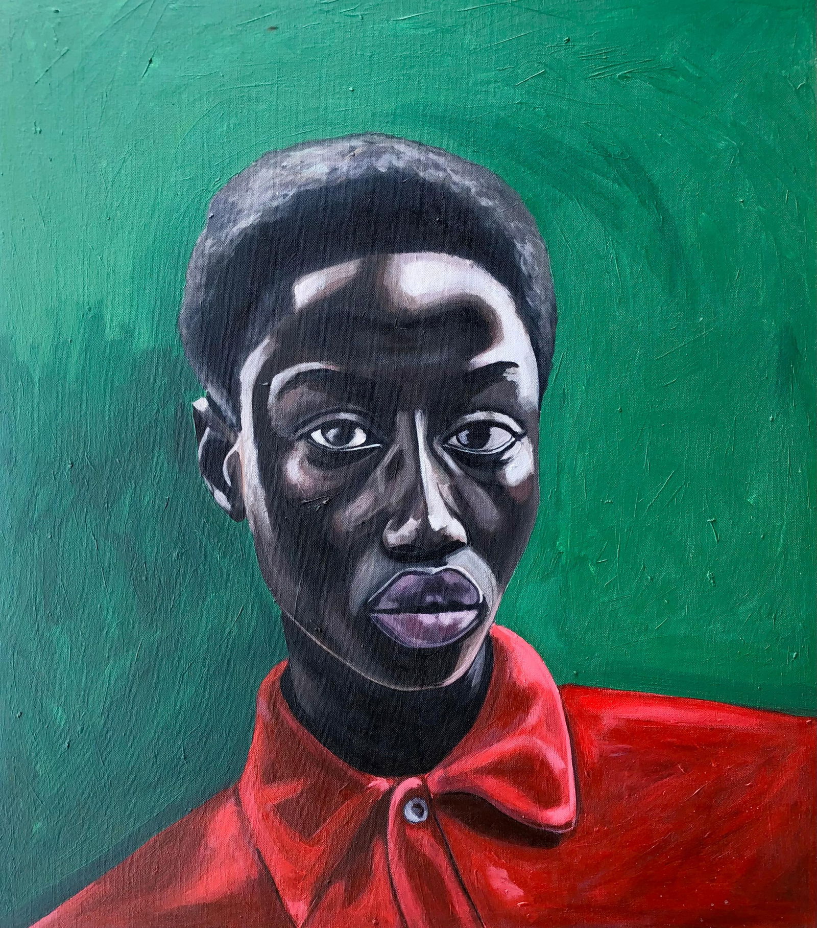 Kayimahe Ishmael Zed, Le Col Rouge - 21st Century Contemporary, Expressionist Portrait, African: Creator: Kayimahe Ishmael Zed (1993) Creation Year: 2024 Dimensions: Height: 31.5 in (80.01 cm)Width: 27.6 in (70.11 cm)Depth: 1 in (2.54 cm) Medium: Canvas,Acrylic Movement & Style: 